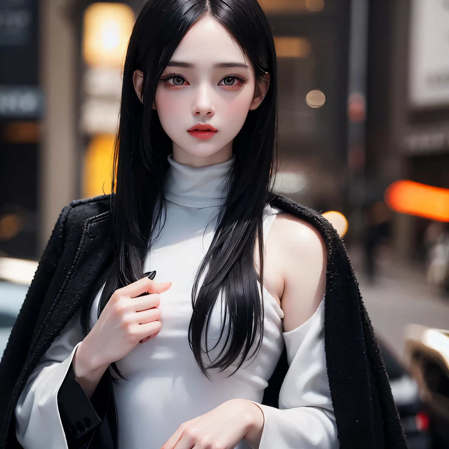 Beautiful girl with realistic black eyes, pale skin, medium length black hair, perfect face, perfect eyes, wearing a coat, very detailed, comprehensive movie, digital painting, 8K, cinematic lighting, highest quality, High resolution, Fine work, Post-processing, perfect result, surreal