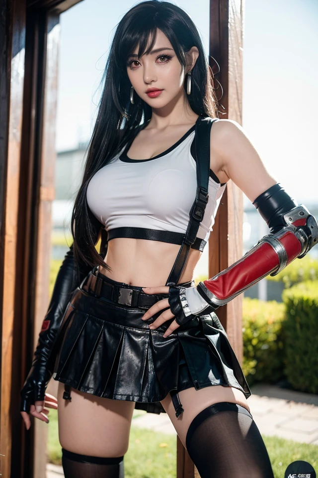 Tifa,1gil,solo,gloves,elbow gloves,fingerless gloves,breasts,suspenders,thighhighs,crop top,tank top,skirt,black thighhighs,suspender skirt,black skirt,earrings,jewelry,midriff,looking at viewer,elbow pads,white tank top,black gloves,realistic,boots,shirt,underwear,panties,low-tied long hair,sports bra,miniskirt,arm guards,belt,underboob,white panties,red footwear,black panties,pleated skirt,collarbone,bottomless,fighting stance,sleeveless,shorts,pencil skirt,
sexy pose,best quality,masterpiece,illustration,an extremely delicate and beautiful,CG,unity,8k wallpaper,Amazing,finely detail,masterpiece,official art,extremely detailed CG unity 8k wallpaper,incredibly absurdres,huge filesize,ultra-detailed,highres,extremely detailed,beautiful detailed girl,realistic,full frontal,outdoors,light contrast,