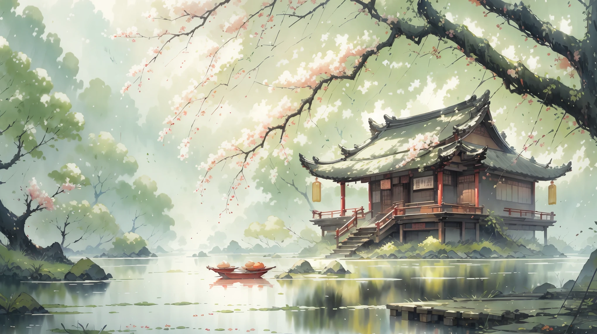 ancient style illustration chinese watercolor landscape painting watercolor willow river summer chinese landscape bare tree branch day flower leaf no human outdoors overgrown plants landscape tree tree water, masterpiece, recent quality, best details, beauty