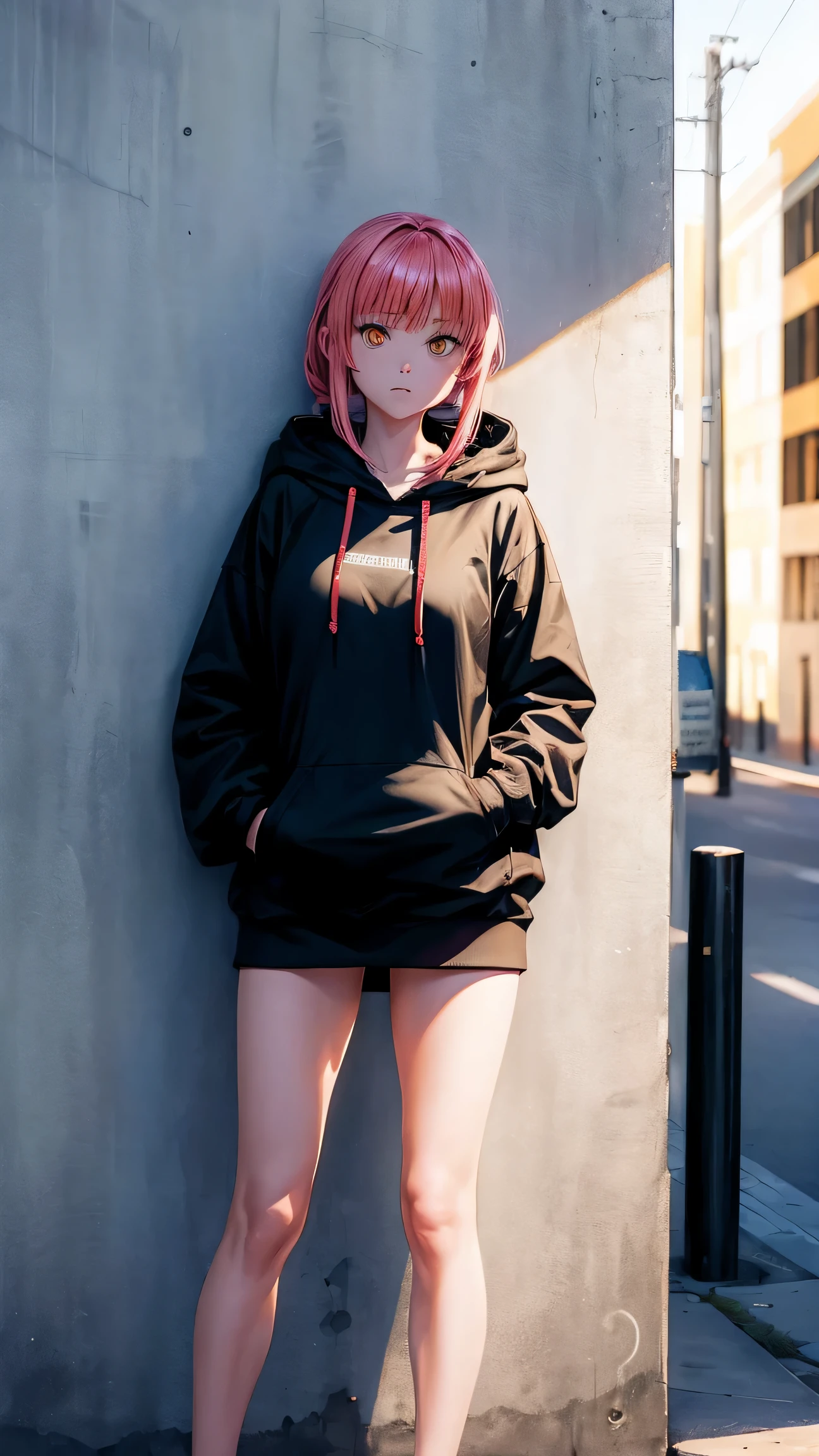 Makima wearing only black hoodie and nothing under it and standing leaning back on Graffiti wall (Evening time)(Dull evening sunlight ) Looking at the camera.(straight angle)(Full body)(Bright,clear eyes)