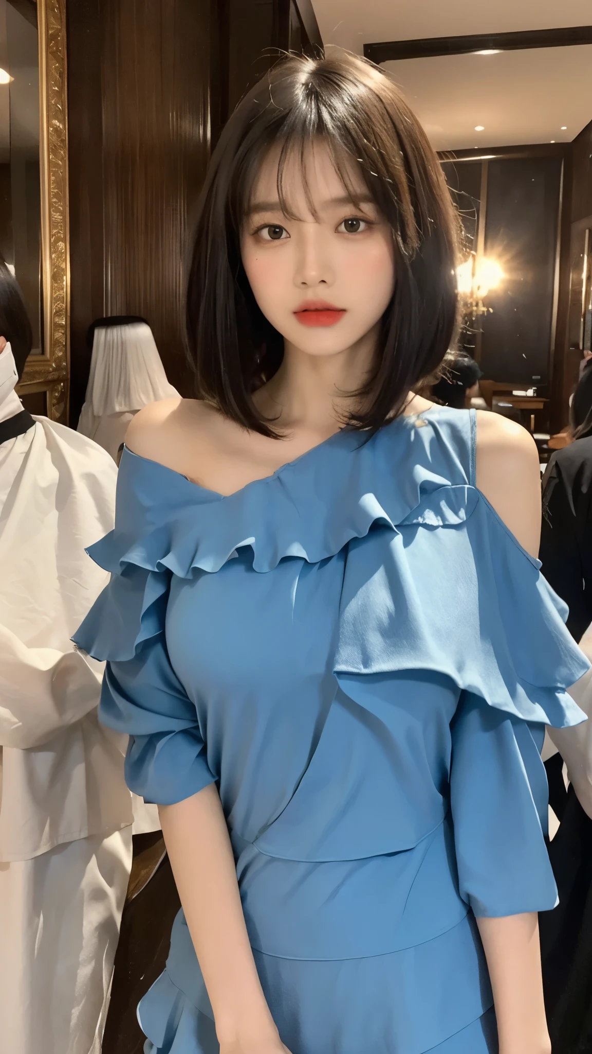 indian pale girl ((best quality, 8 thousand, masterpiece:1.3)), Concentrate upon:1.2, perfect body beauty:1.4, hip:1.2, ((layered haircut:1.4)), (big breasts drooping:1.1) , 밤y Dress: 1.1, Highly detailed face and skin texture, good eyes, double eyelid, White skin, long hair, (shut up: 1.3) , in clubs, small face, cowboy shot,