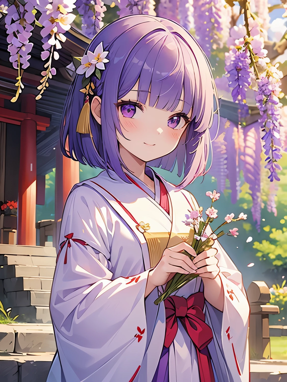 masterpiece, best quality, ultra-detailed, illustration, cute, Girl, Solo, laugh, shrine maiden, purple hair, Bob cut hair, petals, blunt bangs, blouse, flower, wisteria flowers, in shrine