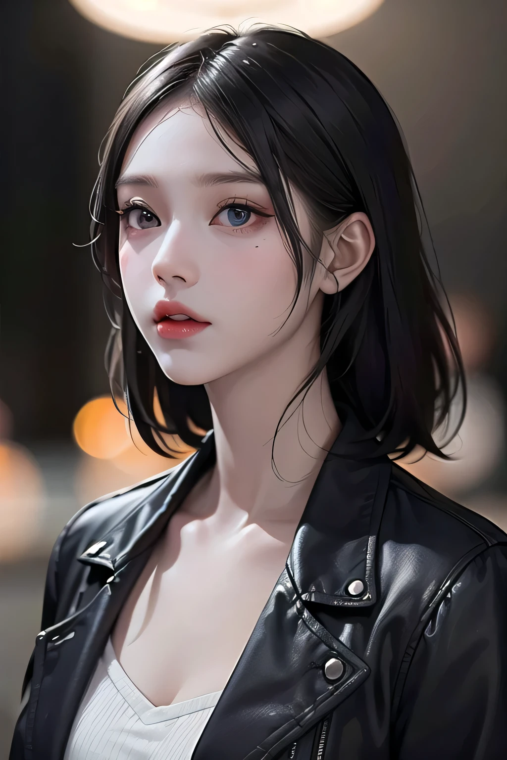 Beautiful girl with realistic black eyes, pale skin, medium length black hair, perfect face, perfect eyes, wearing a coat, very detailed, comprehensive movie, digital painting, 8K, cinematic lighting, highest quality, High resolution, Fine work, Post-processing, perfect result, surreal,revealing clothes