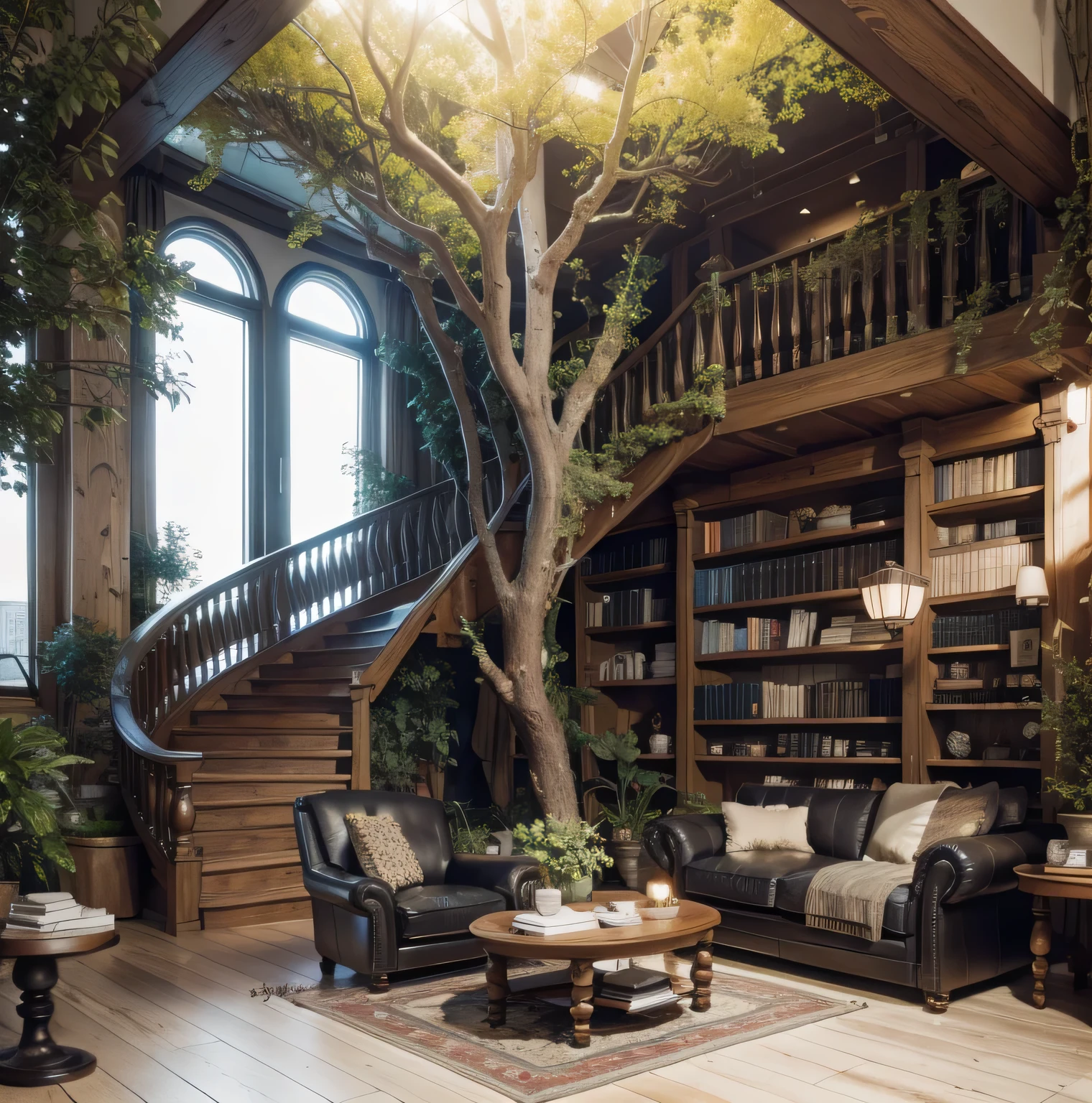 RAW photo, subject, 8k uhd, dslr, soft lighting, high quality, film grain, Fujifilm XT3, Realistic, Masterpiece, A modern Interior, living room, living room interior, in style of ultra realistic, super realistic render vray, vray 8k render, hyper realistic style, Duplex apartment with skylight
