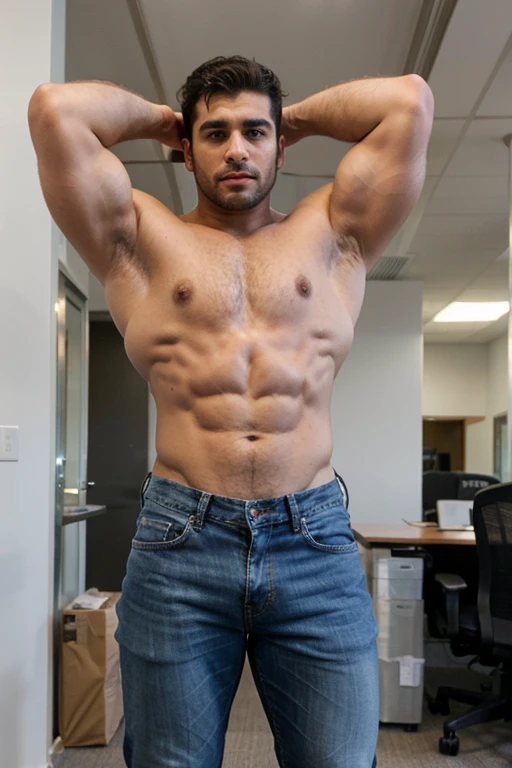 Super muscular mesomorph body type hunk very handsome muscular beefy arab man in office shirt, pectorales redondos y masivos abultados, enormes brazos, nalgon, full body session, jeans