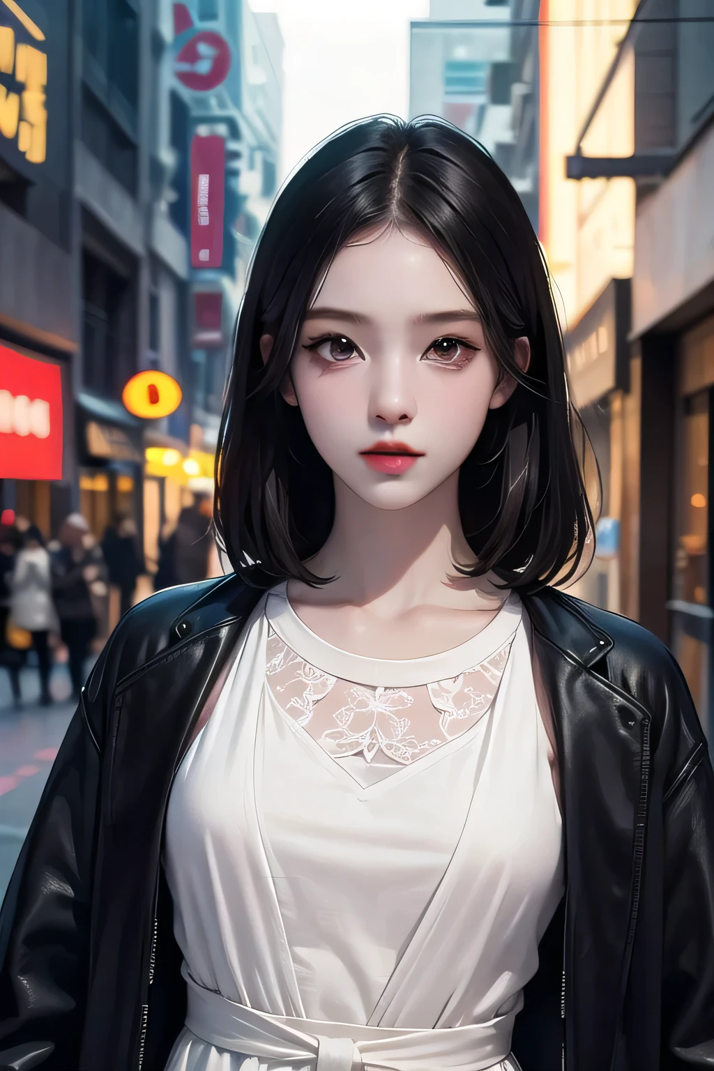 Beautiful girl with realistic black eyes, pale skin, medium length black hair, perfect face, perfect eyes, wearing a coat, very detailed, comprehensive movie, digital painting, 8K, cinematic lighting, highest quality, High resolution, Fine work, Post-processing, perfect result, surreal，revealing clothes