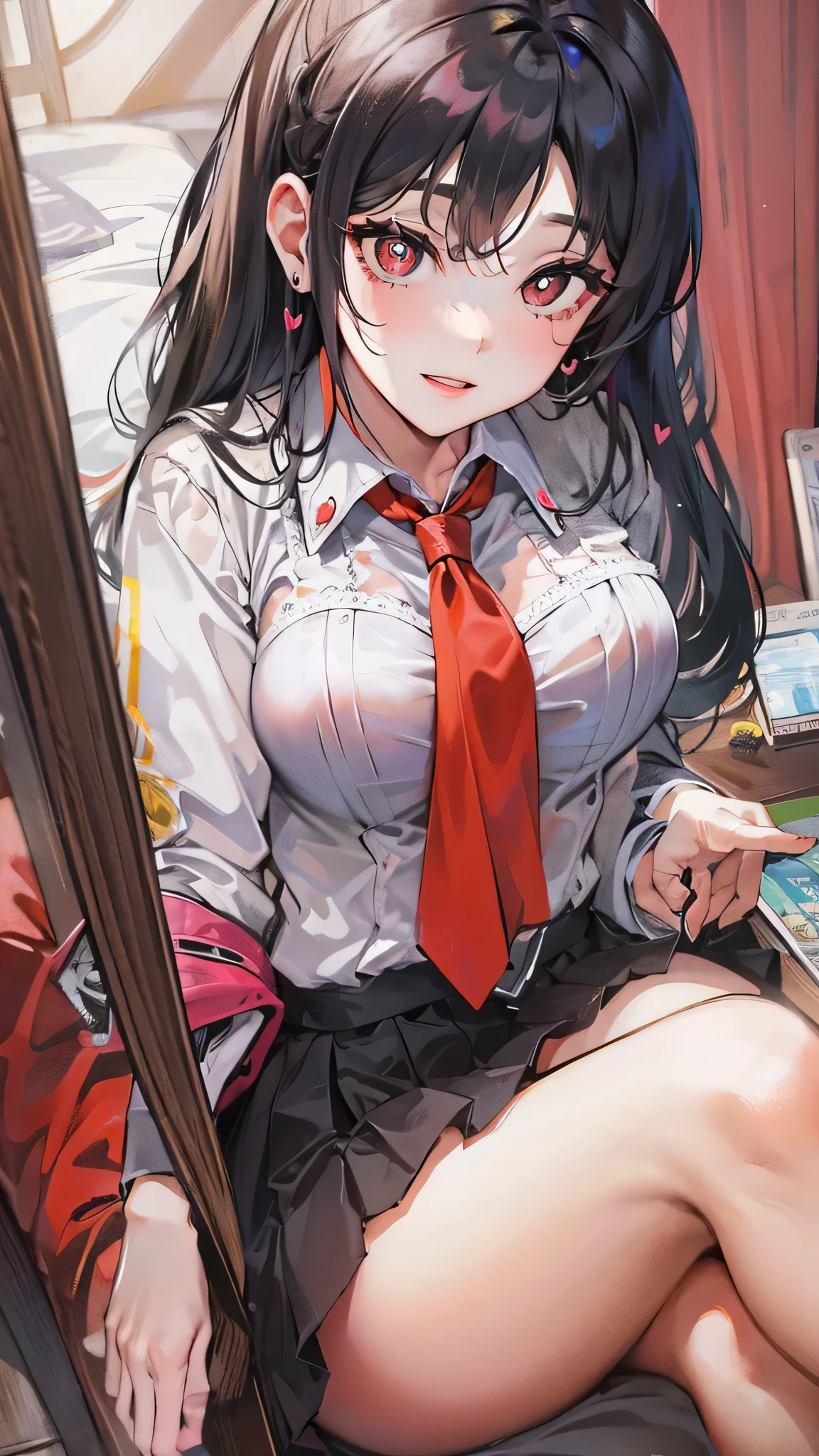 perfect anatomy, masterpiece:1.4, best quality, 8k, beautiful detailed grow, (frontale pov, from above, focus face) (solostraight black hair long hair femdom cute girl, 18 yo, bigboobs), ((heart-shaped pupils)) (cute red eyes), (love smile, make-up face), break, (in a red school blazer, skirt), in the bedroom.