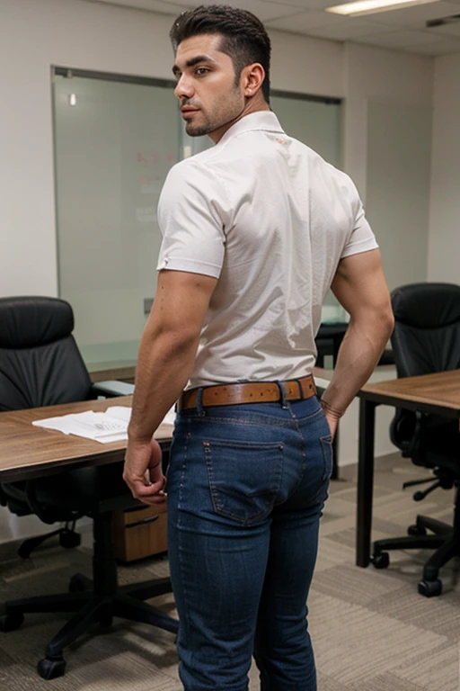 Super muscular mesomorph body type hunk very handsome muscular beefy arab man in office shirt, pectorales redondos y masivos abultados, enormes brazos, nalgon, full body session, jeans, backside