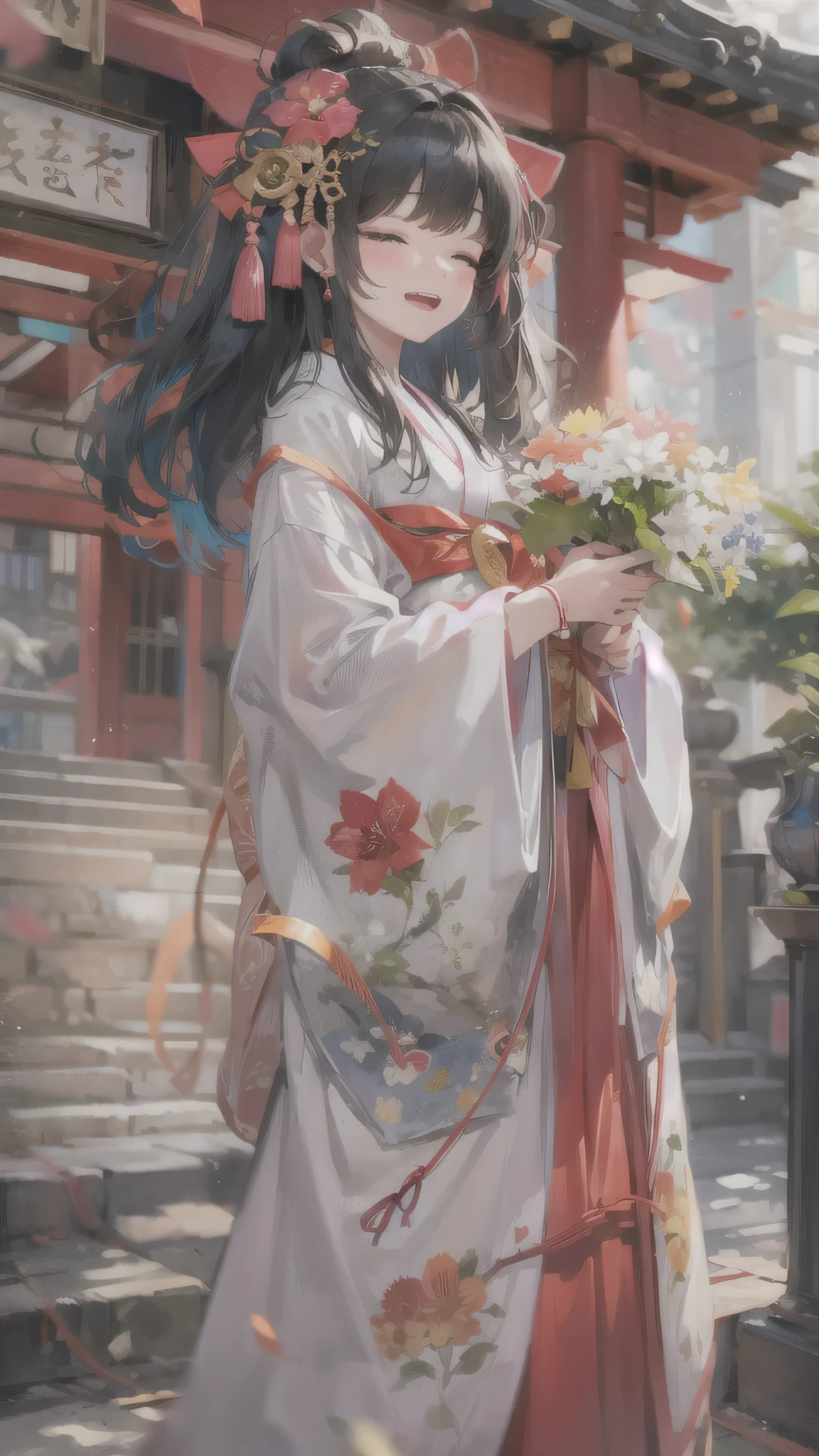 perfect anatomy, masterpiece:1.4, best quality, 8k, beautiful detailed grow, daydreaming expression, full body solo ((blunt bangs)) (black hair long hair cute girl closed eyes, , open mouth, best smile), break, in a Shrine maiden costume, in the Dazaifu Tenmangu Shrine.