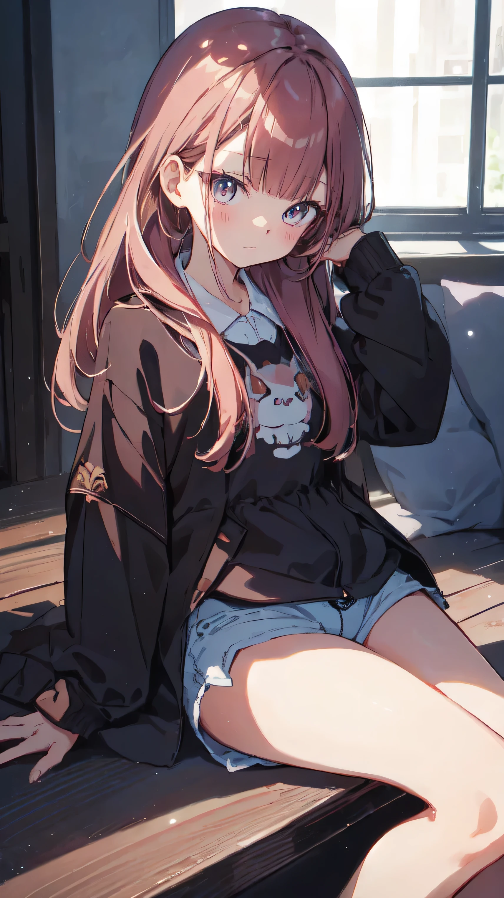 master piece、Highest image quality、highest quality、 ((panic))、glossy hair quality、small face、sitting、Super detailed and beautiful bright eyes、Super detailed clear and beautiful face、(cute illustration:1.2), High-resolution, ultra-detailed, best quality, embarrassed、(Cute shorts gap).(Cute underwear that can be seen at a glance)