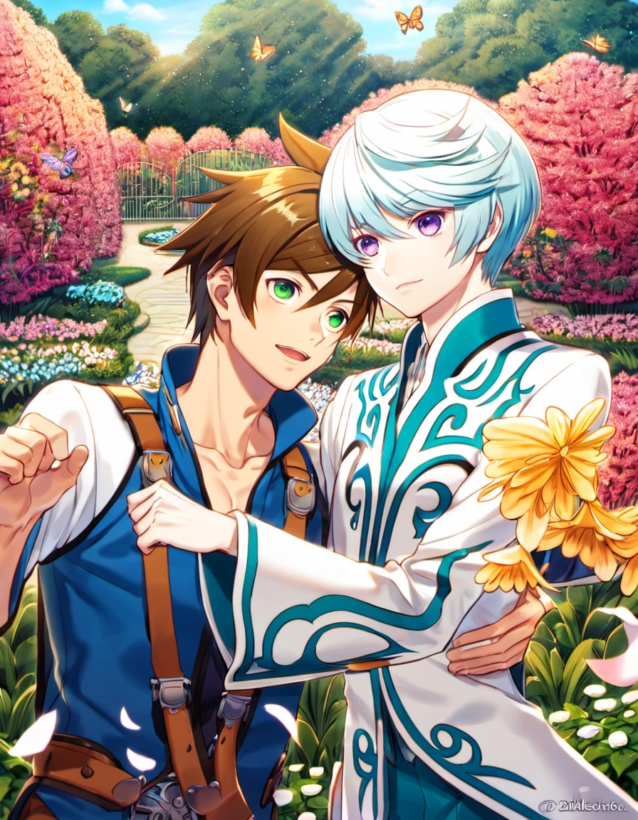 absurdres, highres, ultra detailed, HDR), master piece, best quality, Sorey, brown hair, expressive green eyes, Tales of Zestiria, Mikleo, white hair, expressive purple eyes, 2men together, gay couple, handsome, garden, petals, butterflies