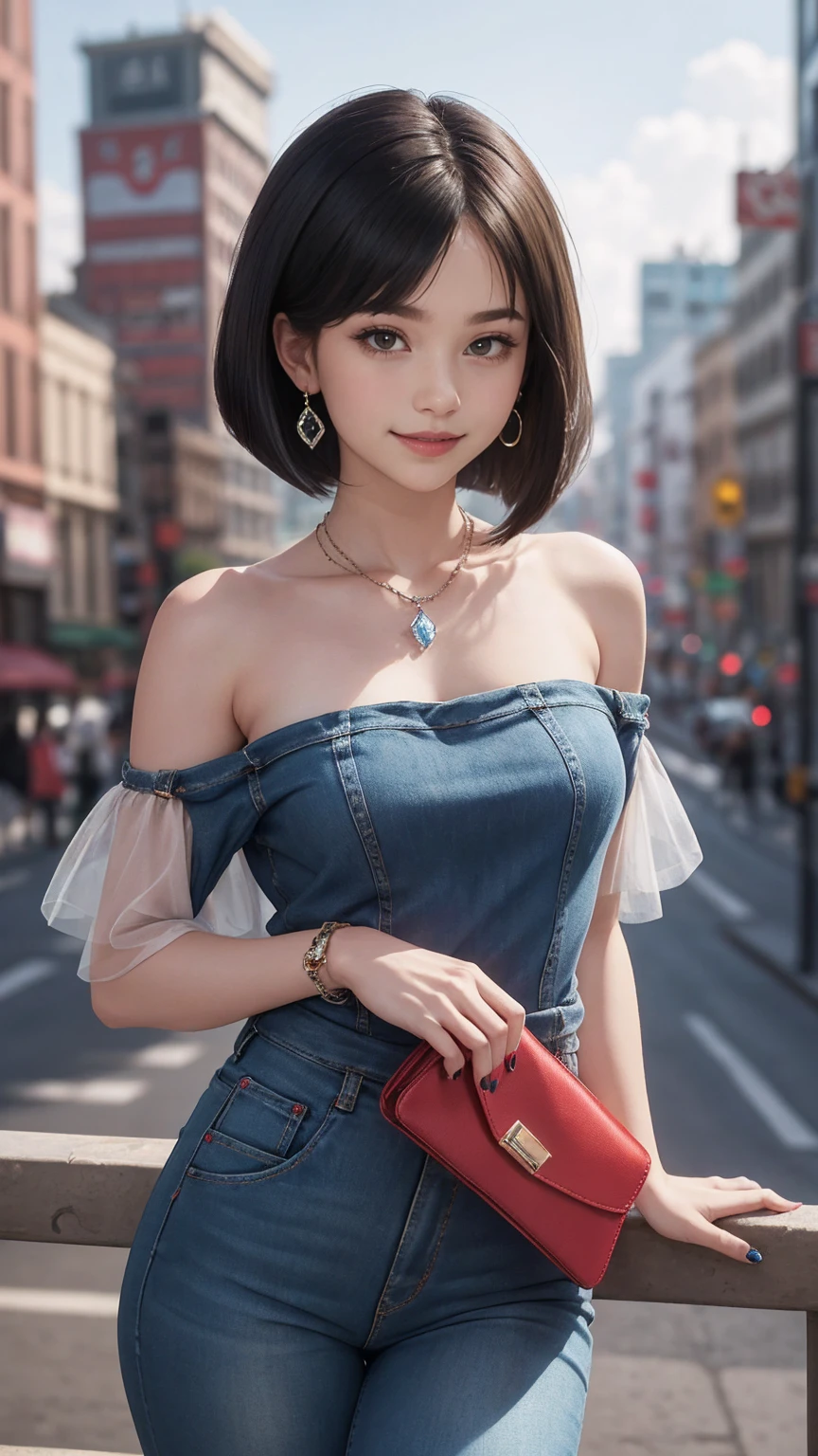 最high quality, 8K, masterpiece: 1.3, Ultra HD, high quality, 最high quality, High resolution, realism)) 、slender、slenderだがアスリートのような細マッチョ、I don't want my head to disappear from the screen.、Wear accessories on your wrist、Wearing red nail polish、I have a peticure、aerial perspective((atmospheric perspective))、smile((smiley))、background blur((depth of field)、Wear a sheer one-shoulder dress、Wear low rise skinny jeans、Wear stiletto heels、have a clutch bag、City center background、crystal earrings((crystal earrings))、bob hair((bob cut))