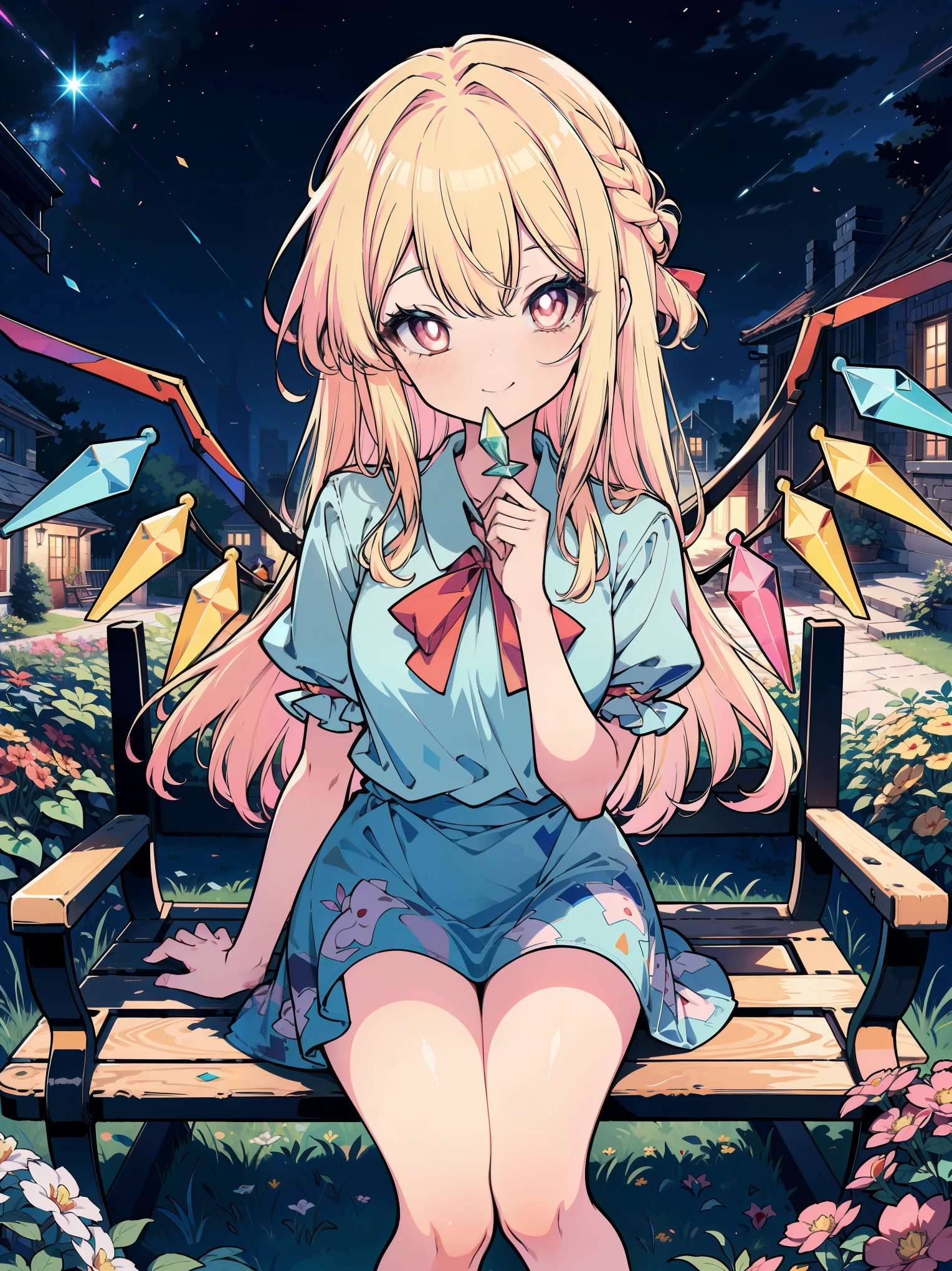 up view, (colorful:1.1), glowing, (ultra-high resolution, depth of field:1.2), (Flandre scarlet:1.1), (1woman), (adult), in her 20s, Touhou project, (medium breasts), (crimson eyes), white pupils, glowing eyes, blonde hair, wavy hair, (long hair:1.1), (french braid), (wearing a casual clothes:1.2), Arranged from the tip of her wings her 8 crystals which are presented in seven colors: light blue, blue, purple, pink, orange, yellow, light green and finally light blue again, (classic mansion scenery), garden, night time, (grinning), squinting eyes, sitting on a garden bench