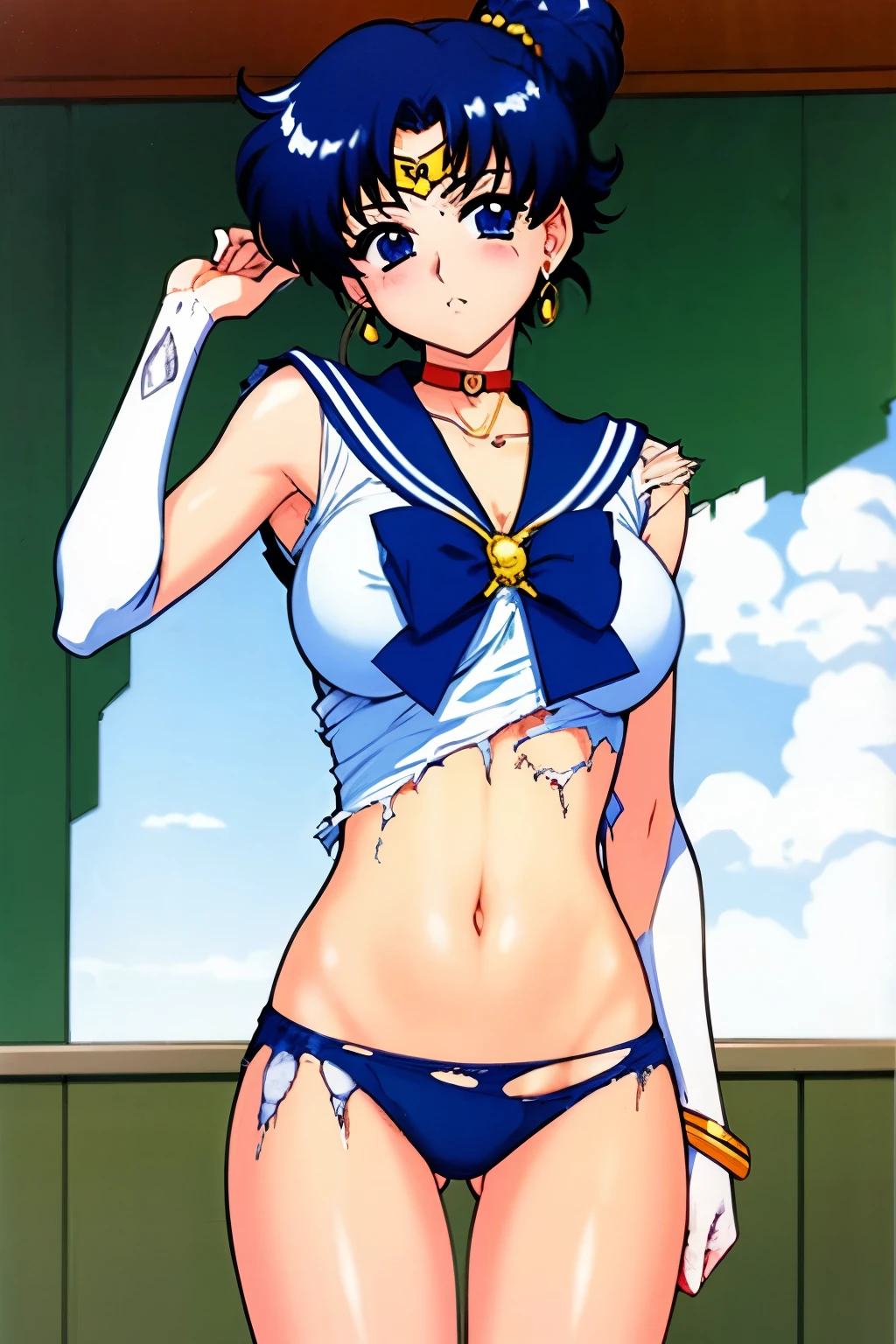 best quality,masterpiece,1igrl, solo, (torn clothes:1.3), ecchi anime style, blush, in subway, 
Ami Mizuno, sailor mercury, neck ribbon, blue hair, short hair, circlet, jewelry, crescent earrings