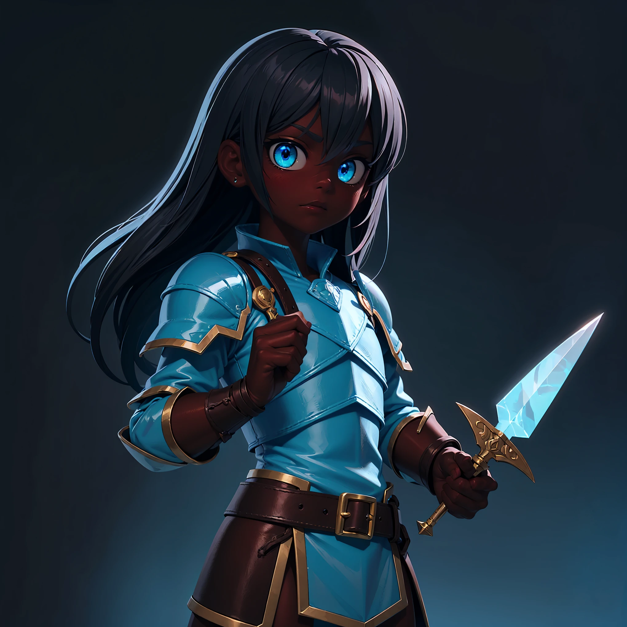 shiny dagger, glistening gold, correct his eyes, small tomgirl, dark skin, blue eyes, long brown hair, leather armor, holding small daggers in his hands, blue adornments, blue gradient background