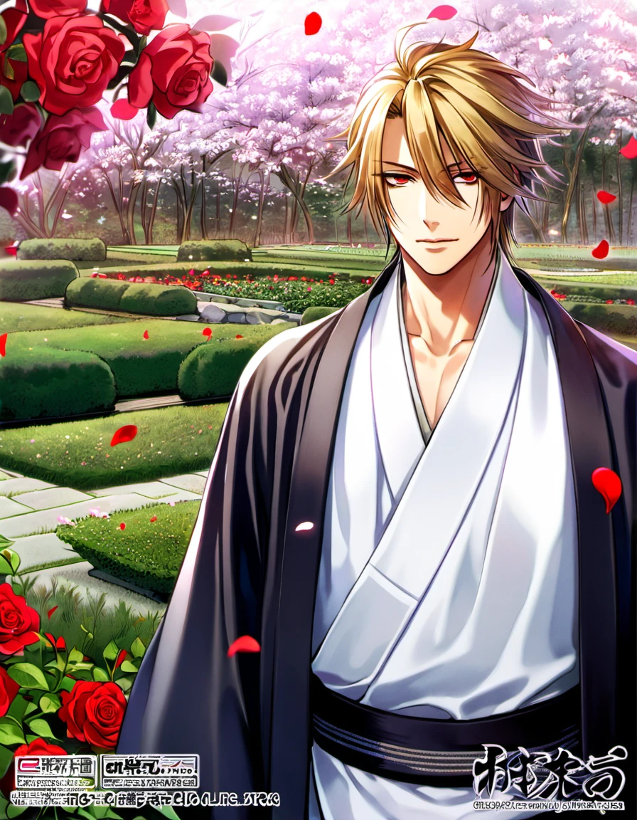 Ultra detailed, Highres, absurdres, HDR, Kazama Chikage, blonde hair, red eyes, Hakuouki, 1 man only, petals, red roses, garden, handsome, white kimono, black haori,