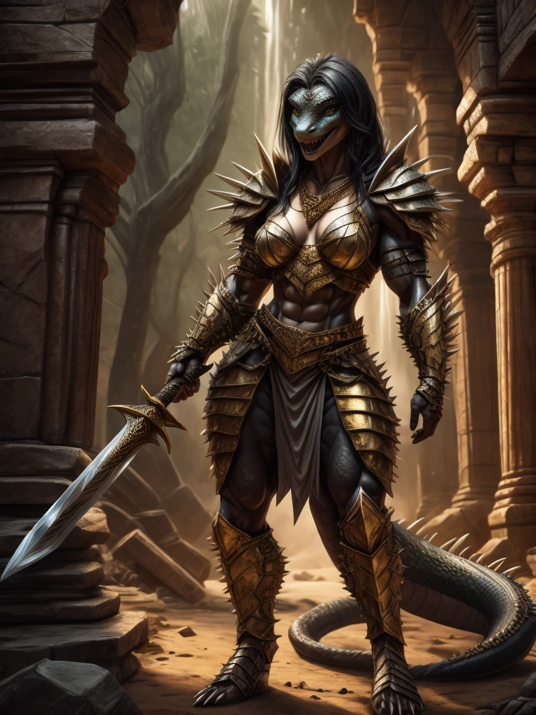 Masterpiece, best quality, 8k, cinematic lighting, hyper-realistic, Portrait, woman transformed into female lizard, black hair, scale skin, muscular female, detailed eyes, big eyes, Detailed mouth, bright smile, sharp nails, small breasts1.5, (spiky armor, Shoulder armor, gold), necklace, Big butt, brandish a great sword, (lizard tail, tail upright), standing on the ruins, rainforest