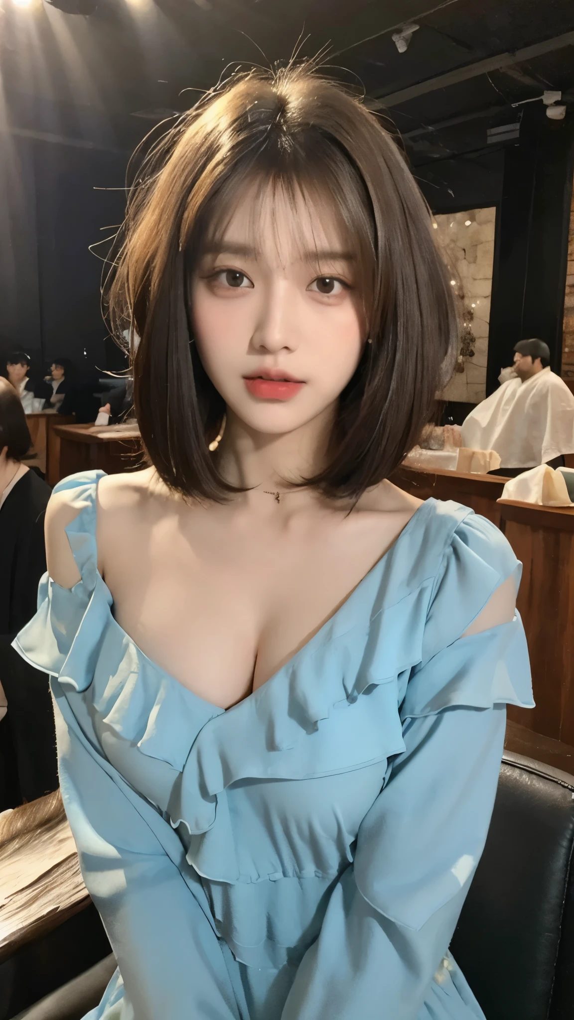 indian pale girl ((best quality, 8 thousand, masterpiece:1.3)), Concentrate upon:1.2, perfect body beauty:1.4, hip:1.2, ((layered haircut:1.4)), (big breasts drooping:1.1) , 밤y Dress: 1.1, Highly detailed face and skin texture, good eyes, double eyelid, White skin, long hair, (shut up: 1.3) , in clubs, small face, cowboy shot,