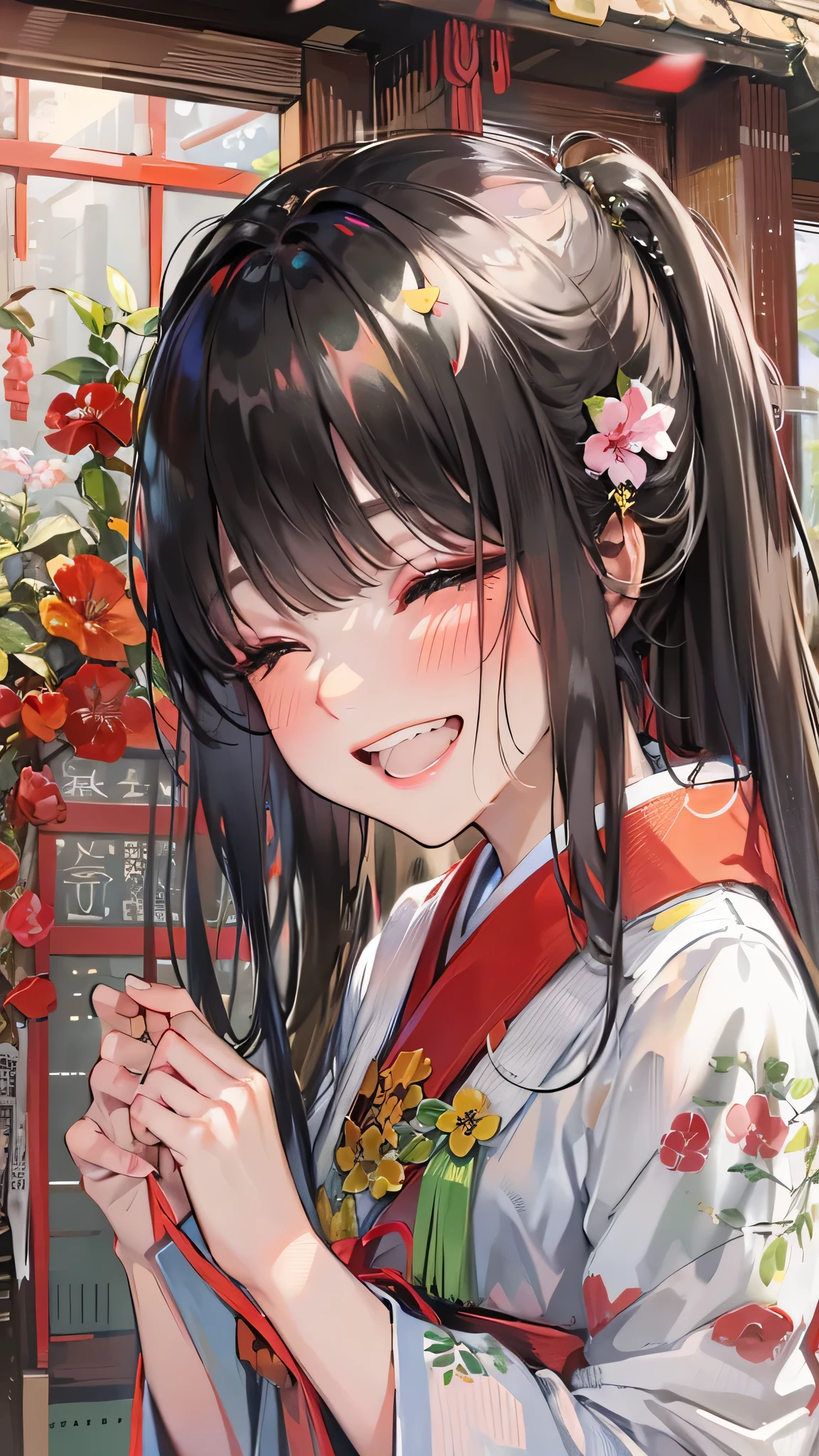 perfect anatomy, masterpiece:1.4, best quality, 8k, beautiful detailed grow, daydreaming expression, full body solo ((blunt bangs)) (black hair long hair cute girl closed eyes, , open mouth, best smile), break, in a Shrine maiden costume, in the Dazaifu Tenmangu Shrine.