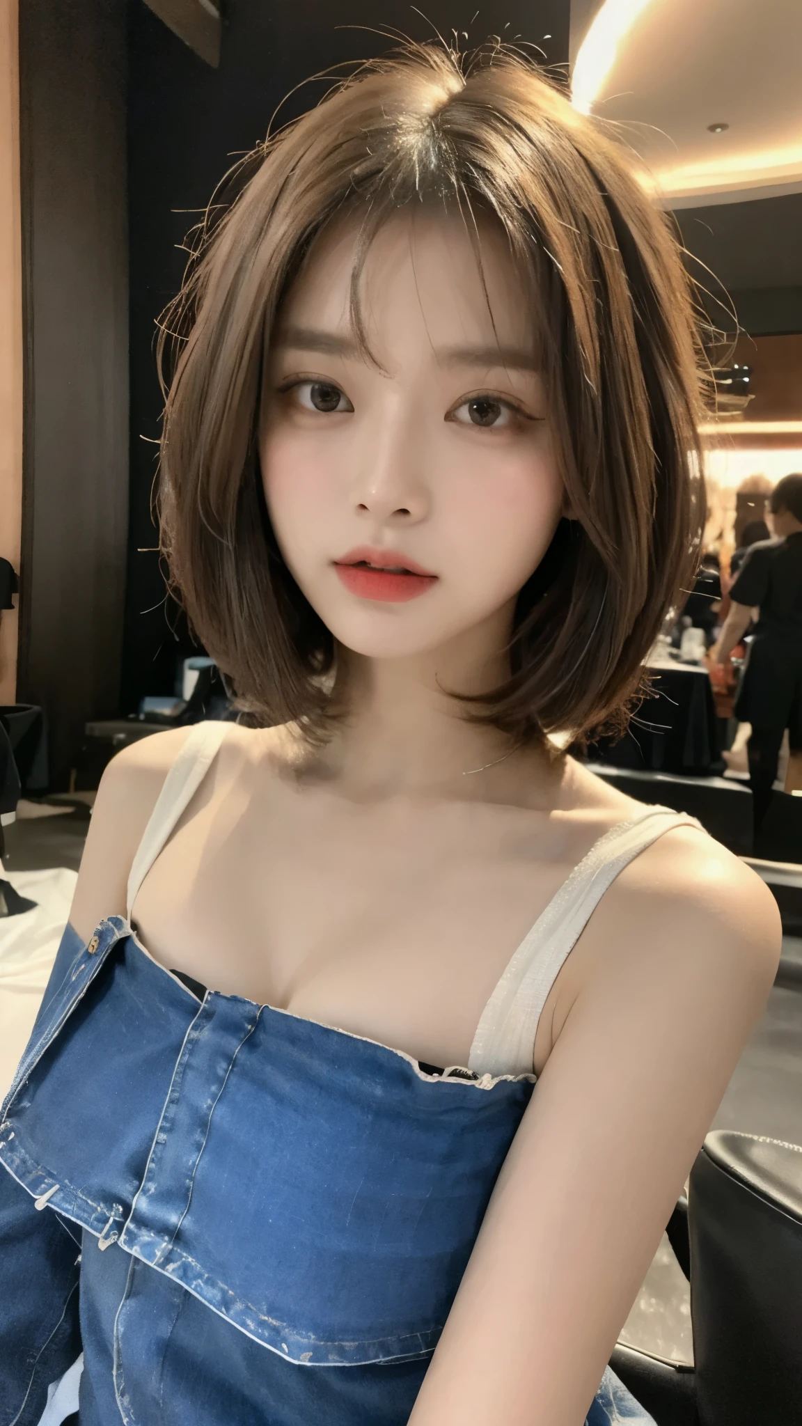 indian pale girl ((best quality, 8 thousand, masterpiece:1.3)), Concentrate upon:1.2, perfect body beauty:1.4, hip:1.2, ((layered haircut:1.4)), (big breasts drooping:1.1) , 밤y Dress: 1.1, Highly detailed face and skin texture, good eyes, double eyelid, White skin, long hair, (shut up: 1.3) , in clubs, small face, cowboy shot, 