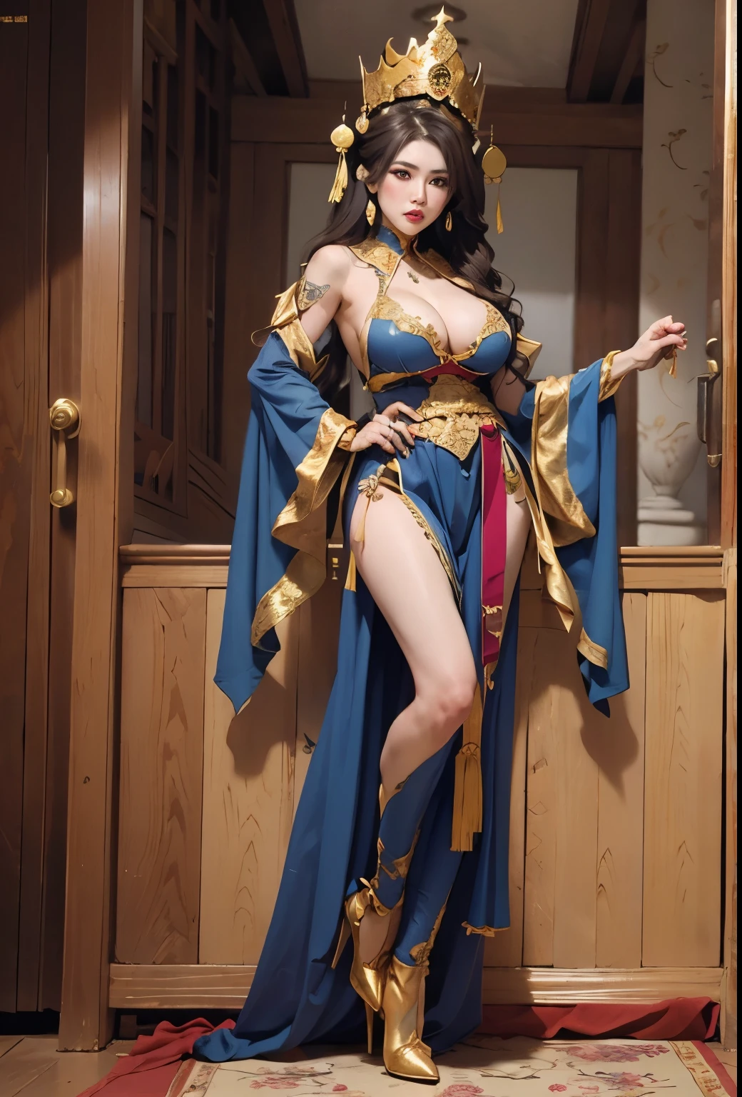 bellyband。Cover。big breasts。Breasts larger than torso。smooth and delicate woman。Sexy hot woman。prostitute。Hairpin。Taoist robe。full-body shot,High heel。Cultivation clothing。exposed。Antique Chinese costumes。vintage sexy clothing。Fengguanxiapei。Bundled hair with a golden crown。camel toe。full-body shot。