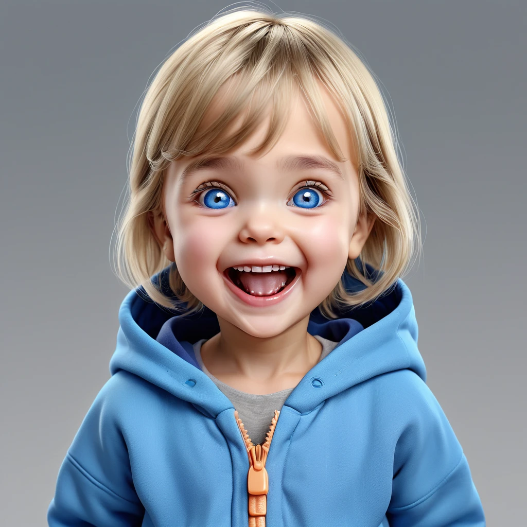 (((happy Smile with open mouth, closed teary blue eyes, small hands holding stomach, pointing small finger))), ((big chibi head)), portrait, (wide open mouth), blue hoodie, [wrinkles near the nose:0.5], (simple gray background), baby girl, [Nordic:Icelandic:0.5], Hourglass body, perfect Olive skin, big Oval Face, Long neck, Rounded shoulders, slim fitness arms, Attached Pointed ears, Short blonde Beach Waves pixie haircut Parting centre hair, snub nose, High Round Narrow cheekbones, Dimpled Cheeks, Rounded Chin, Nude Makeup Look, long eyelashes, third breast size, 8k, vray, IMax, hyperrealism, perfect light, bokeh Carl Zeiss 85mm, small depth of field, photorealistic, masterpiece, high resolution, best quality, cinematic shot, ultra-detailed, super realistic, Hyperrealistic art, high-quality, ultra high res, highest detailed, lot of details, Extremely high-resolution details, photographic, realism pushed to extreme, incredibly lifelike, atmospheric perspective (focus on face), realistic skin, soft light, detailed skin, colourful, soft cinematic light, (perfect skin), 
realistic skin texture, [wrinkles near the eyes:0.5], child's hands,