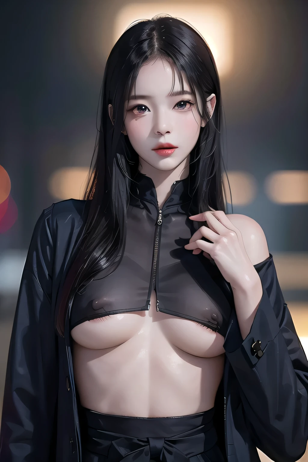 Beautiful girl with realistic black eyes, pale skin, medium length black hair, perfect face, perfect eyes, wearing a coat, very detailed, comprehensive movie, digital painting, 8K, cinematic lighting, highest quality, High resolution, Fine work, Post-processing, perfect result, surreal,(((revealing clothes))),(erect nipples)