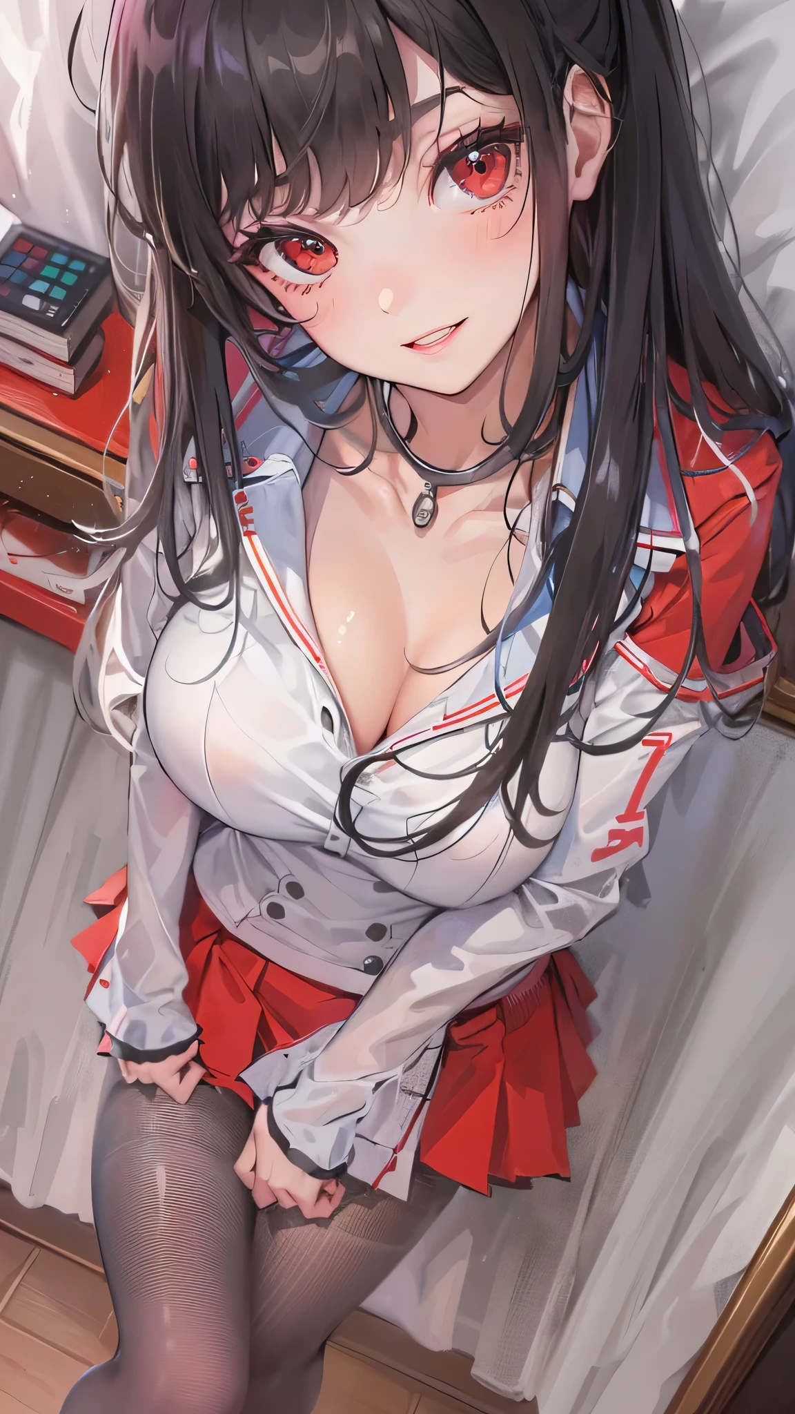 perfect anatomy, masterpiece:1.4, best quality, 8k, beautiful detailed grow, (frontale pov, from above, focus face) (solostraight black hair long hair femdom cute girl, 18 yo, bigboobs, cute red eyes), (love smile, make-up face), break, (in a red school blazer, skirt), in the bedroom.