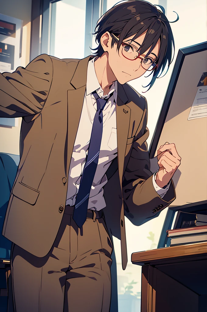 Anime style, professor 35 y.o., glasses, khaki suit and tie