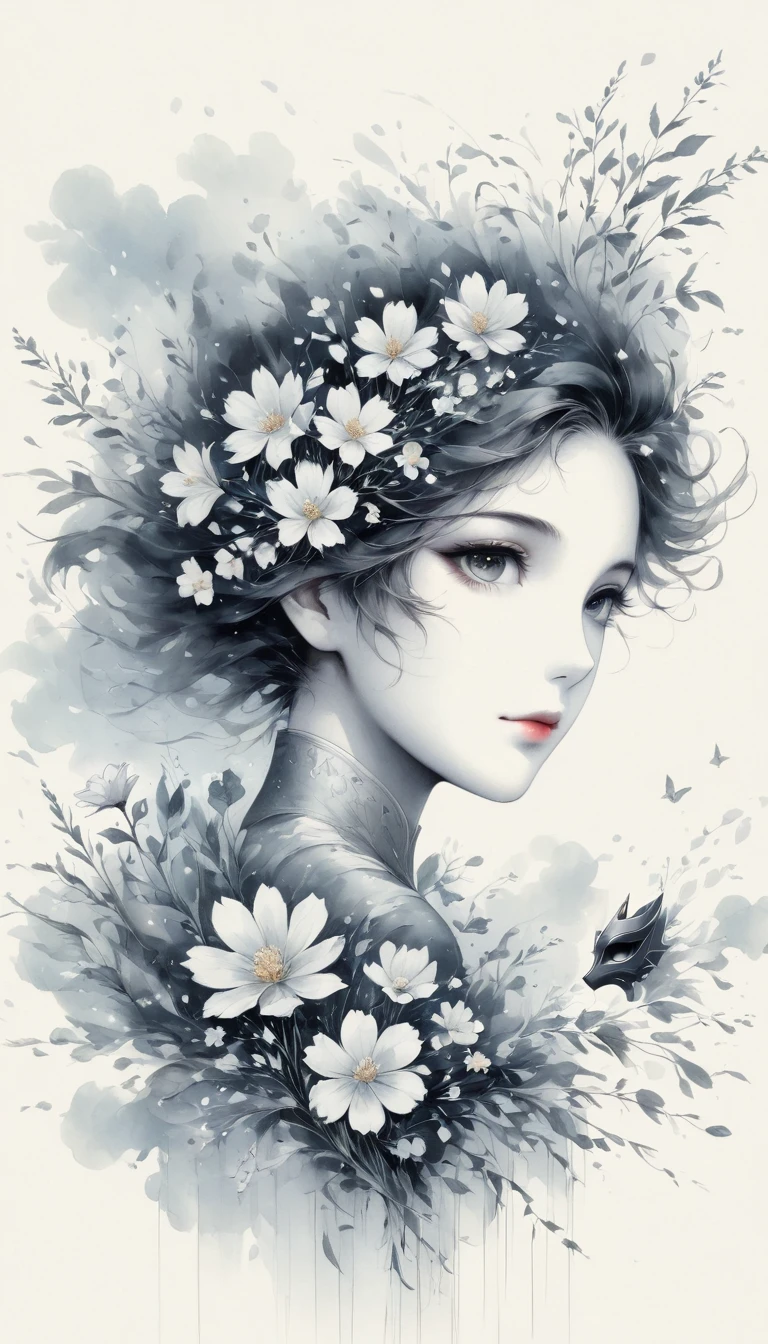 (Anime line drawing:1.5),(black and white painting:1.45),Minimalism,(line art:1.6),sketch,Charcoal drawing,mask,flower,Illustration in surreal art style,surreal dream,Dubrec style,(multiple exposure:1.8),Dreams of happiness,