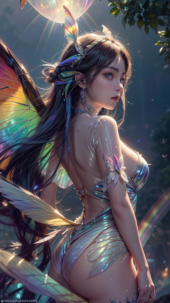 (Masterpiece), (Top Quality), ((Ultra Detail)), (High Resolution), (Very Detailed CG Illustration), ((Very Delicate and Beautiful)), (Sharp Focus), Cinematic Light , amazing fantasy art, mythical fantasy, dreams, ((Rainbow)), fairy tales, mystical and magical powers, 1girl, front facing, beautiful face, detailed and perfect face, (transparent beautiful rainbow colored butterfly wings) ), light blue eyes, big breasts, slim waist, big butt, butterfly wings, silk, exquisite embroidery, costume with subtle rainbow details, (((translucent rainbow feathers))), dream colors, dynamic lighting, colorful magical birds, jewel-colored butterflies that give off a magical aura, the latest trending fantasy art, professional lighting that creates depth and mood (with a full moon in the background), (depth field: 1.3), blurred,