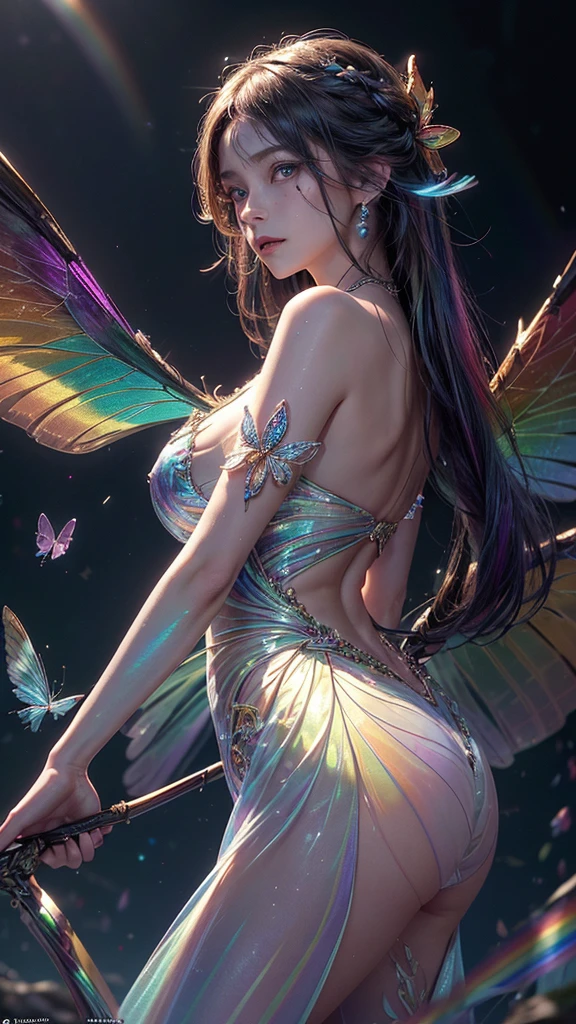 (Masterpiece), (Top Quality), ((Ultra Detail)), (High Resolution), (Very Detailed CG Illustration), ((Very Delicate and Beautiful)), (Sharp Focus), Cinematic Light , amazing fantasy art, mythical fantasy, dreams, ((Rainbow)), fairy tales, mystical and magical powers, 1girl, front facing, beautiful face, detailed and perfect face, (transparent beautiful rainbow colored butterfly wings) ), light blue eyes, big breasts, slim waist, big butt, butterfly wings, silk, exquisite embroidery, costume with subtle rainbow details, (((translucent rainbow feathers))), dream colors, dynamic lighting, colorful magical birds, jewel-colored butterflies that give off a magical aura, the latest trending fantasy art, professional lighting that creates depth and mood (with a full moon in the background), (depth field: 1.3), blurred,