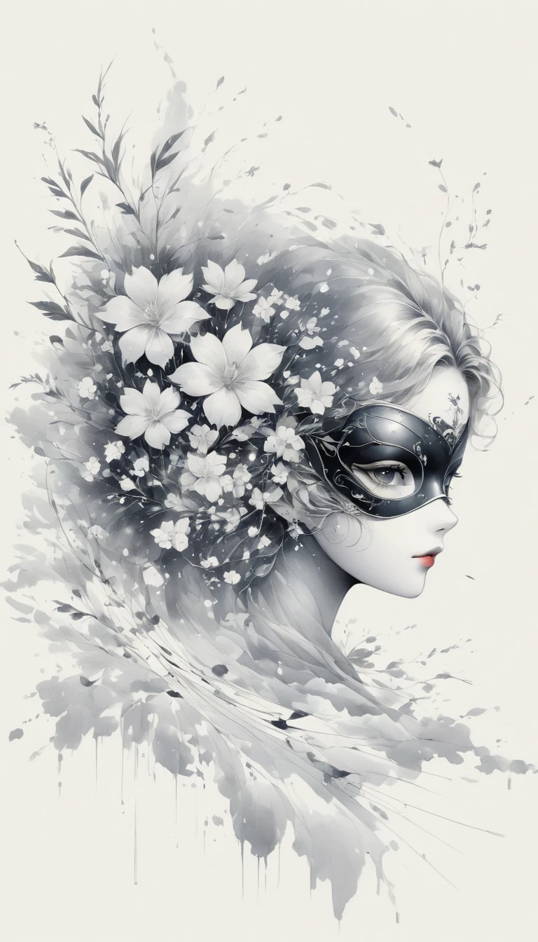 (Anime line drawing:1.5),(black and white painting:1.45),Minimalism,(line art:1.6),sketch,Charcoal drawing,mask,flower,Illustration in surreal art style,surreal dream,Dubrec style,(multiple exposure:1.8),Dreams of happiness,