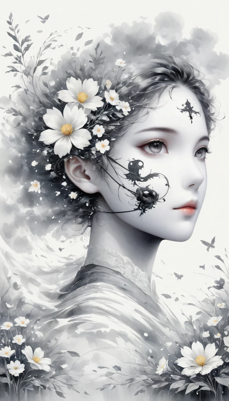 (Anime line drawing:1.5),(black and white painting:1.45),Minimalism,(line art:1.6),sketch,Charcoal drawing,mask,flower,Illustration in surreal art style,surreal dream,Dubrec style,(multiple exposure:1.8),