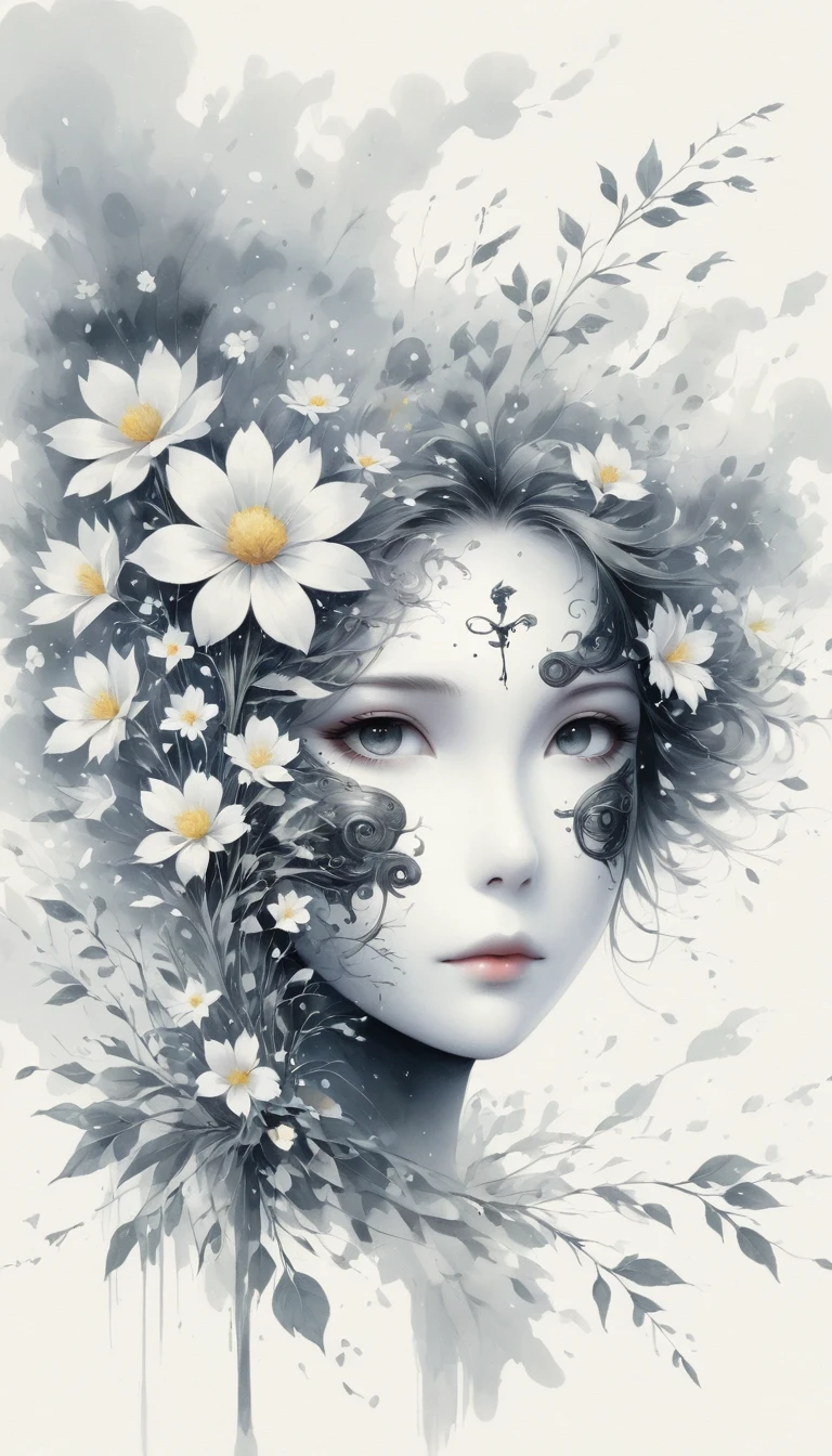 (Anime line drawing:1.5),(black and white painting:1.45),Minimalism,(line art:1.6),sketch,Charcoal drawing,mask,flower,Illustration in surreal art style,surreal dream,Dubrec style,(multiple exposure:1.8),Dreams of happiness,