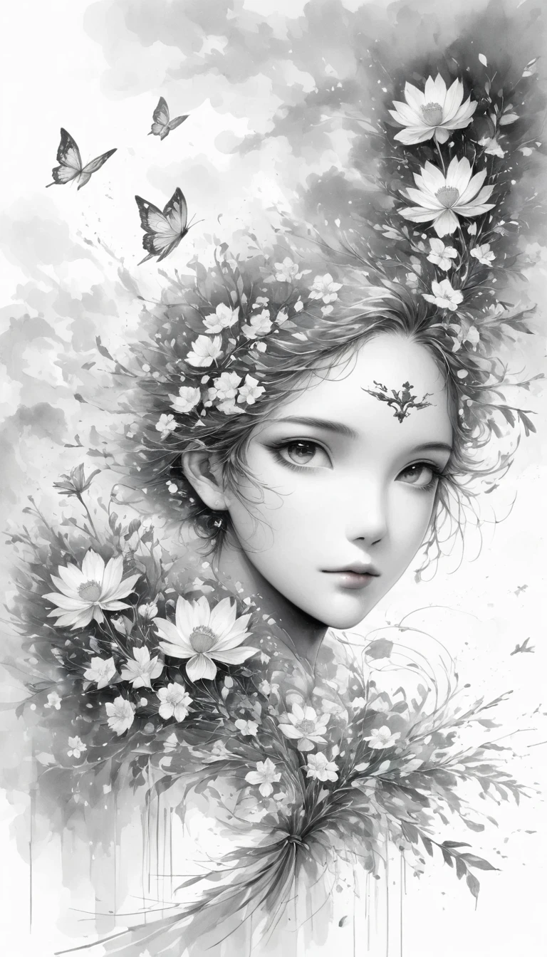 (Anime line drawing:1.5),(black and white painting:1.45),Minimalism,(line art:1.6),sketch,Charcoal drawing,mask,flower,Illustration in surreal art style,surreal dream,Dubrec style,(multiple exposure:1.8),Dreams of happiness,