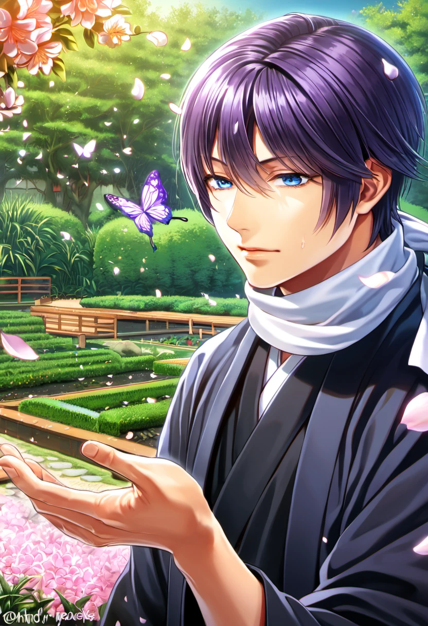 absurdres, highres, ultra detailed, HDR), master piece, best quality, Hajime Saito, dark purple hair, expressive blue eyes, Hakuoki, 1man, handsome, black kimono, white scarf, garden, petals, butterflies