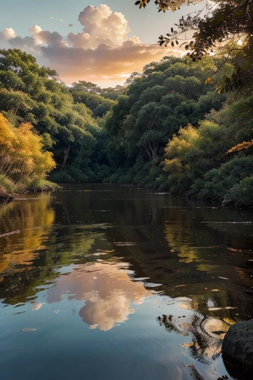 “Describe a serene landscape, onde montanhas se erguem majestosas ao horizonte, banhadas pela suave luz do entardecer. Forward, a river meanders between lush trees, reflecting the sky dyed in orange tones. Get inspired by the tranquility of nature and the harmony of the elements to create a unique image.” –