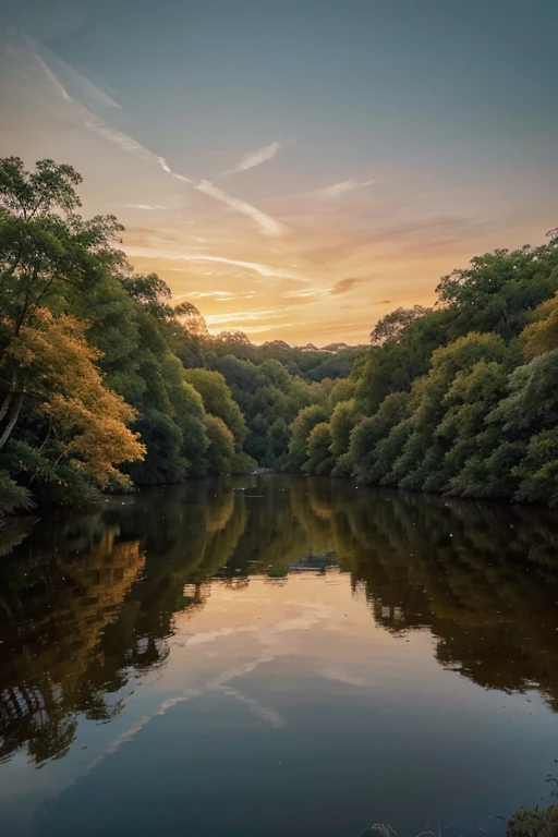 “Describe a serene landscape, onde montanhas se erguem majestosas ao horizonte, banhadas pela suave luz do entardecer. Forward, a river meanders between lush trees, reflecting the sky dyed in orange tones. Get inspired by the tranquility of nature and the harmony of the elements to create a unique image.” –