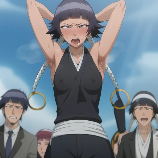 ( Animation screenshots:1.1),outdoor, Nipples exposed, 1 woman, alone, black hair, side breasts,eternal, short hair with long locks, japanese clothing, - Hip vents, no underwear,short hair, small breasts, (white eyes:1.1),No eyeballs, Also available in black, no headgear,low double braids,facing the audience, looking at the audience, tired, from below, (露armpit:1.1), ((armpit:1.2)), Sexy, Sweat dripping, More and more sweat,(ahegao), (Roll your eyes), naughty face, blush, open mouth, Sticking out tongue, saliva, Slobber,Runny nose,skinny, raise arms, (arms above head:1.5)