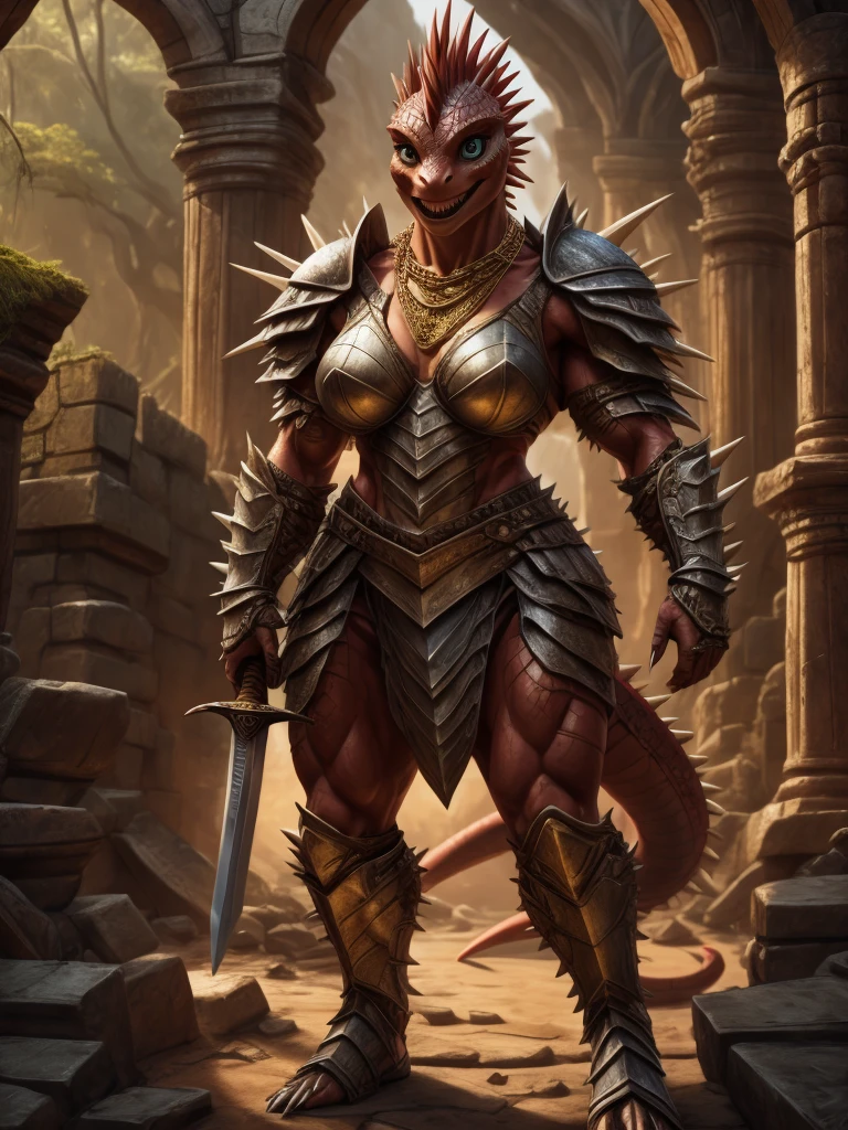 Masterpiece, best quality, 8k, cinematic lighting, hyper-realistic, Portrait, woman transformed into female lizard, red hair, scale skin, muscular female, detailed eyes, big eyes, Detailed mouth, bright smile, sharp nails, small breasts1.5, (spiky armor, Shoulder armor, gold), necklace, Big butt, brandish a great sword, shield, (lizard tail, tail upright), standing on the ruins, rainforest