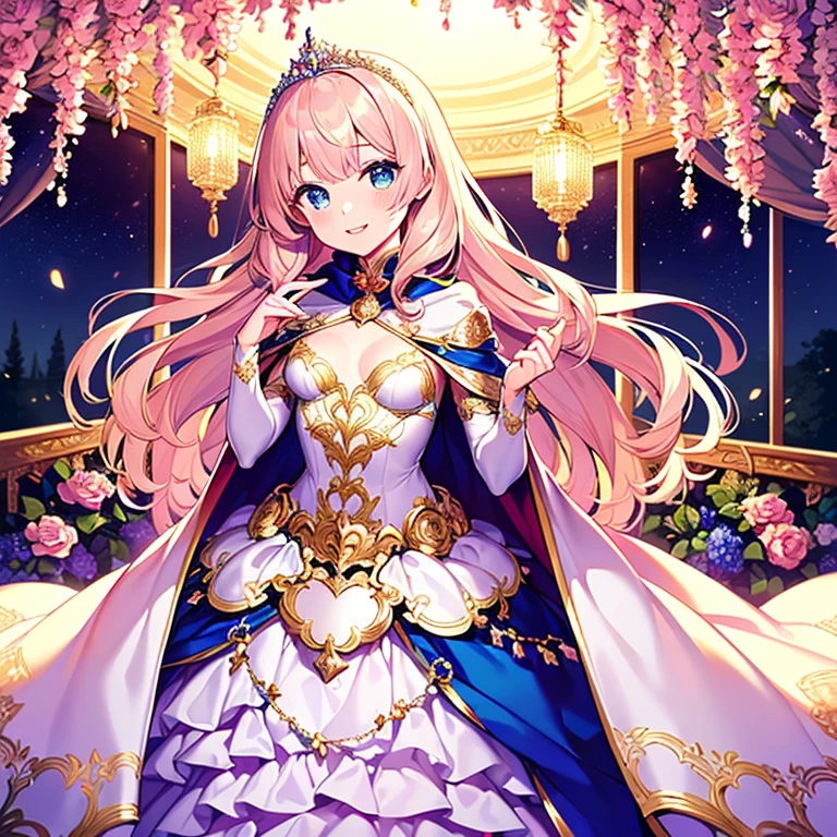 (kawaii),(best quality),(ultra detailed),(rococo style),(long train pastel pink cape:1.15), very long cape,(long train white ball gown with flower decorations:1.1), a girl is wearing a cape over her gown,(she has a western style fan:1.05), 1 little princess, tiara, smile, very long hair, small breasts, beautiful detailed eyes, beautiful detailed lips