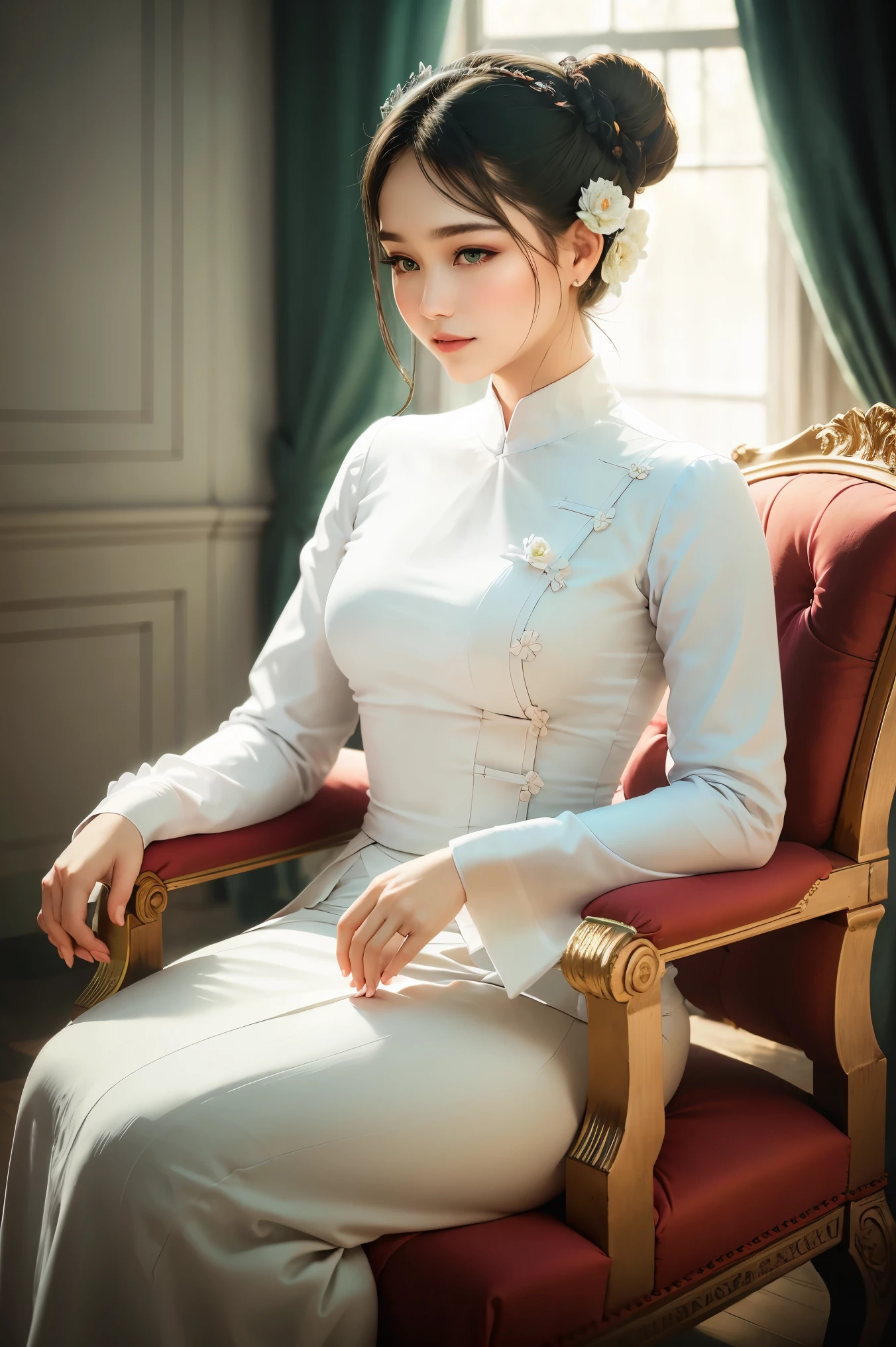 A mesmerizing portrait of an elegant woman with a graceful hair bun adorned with a delicate jasmine flower, captivating the viewer with her enchanting gaze amidst the serene ambiance of a grand library. Masterfully crafted, high-resolution digital painting showcases intricate details and evokes a sense of timeless beauty and intelligence. The warm lighting highlights her features, accentuating the delicate contours of her face, while the soft background adds depth to the composition. An exquisite masterpiece worthy of admiration, (wearing acmmsayarma outfit, acmmsayarma white top with buttons, long sleeves), ((acmmsayarma green long skirt))