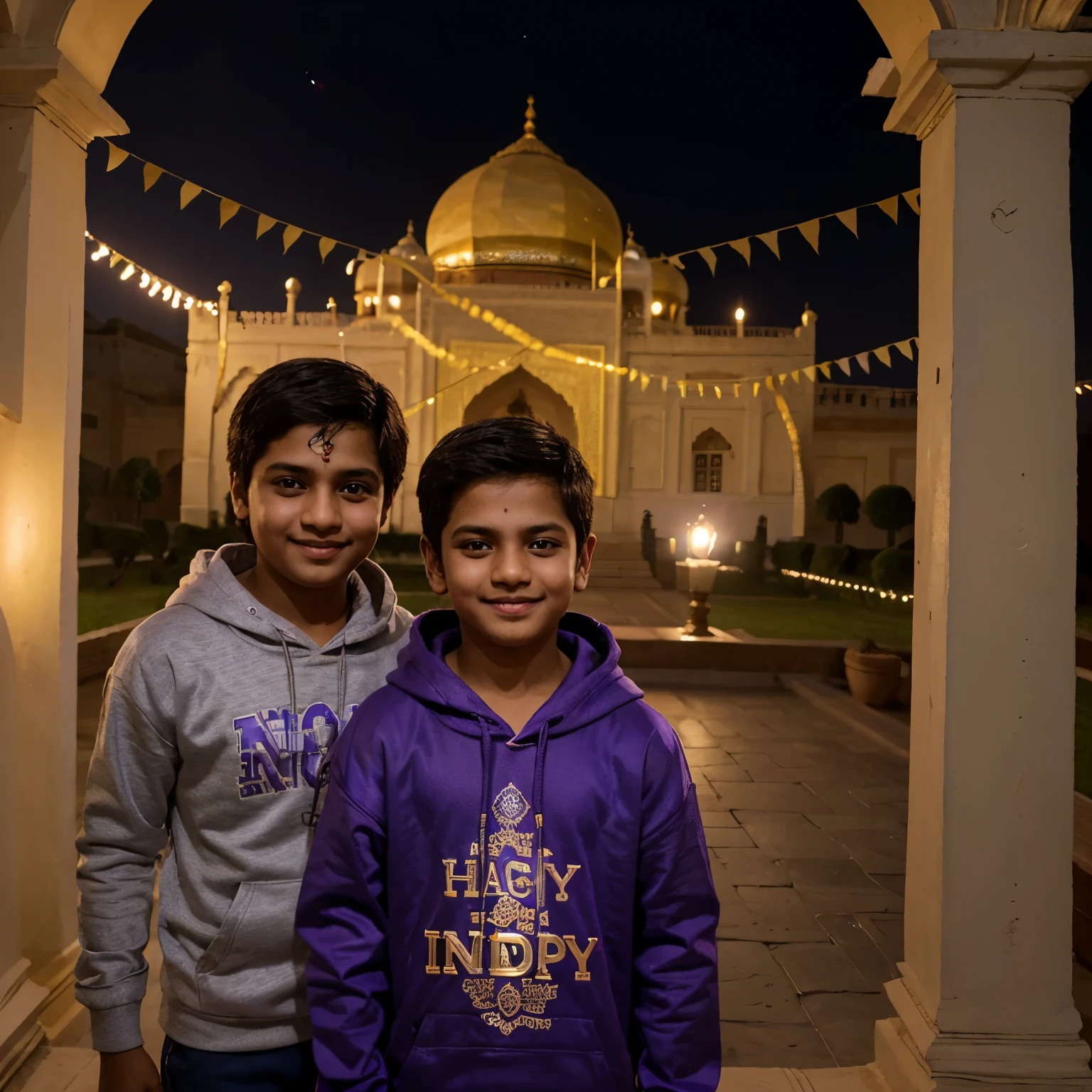 A 12 year happy boy wearing purple hoody written 'anshu' on it celebrating birthday with lovely indian parent and a brother on moon light in beautifull palace decorated with colours and light.