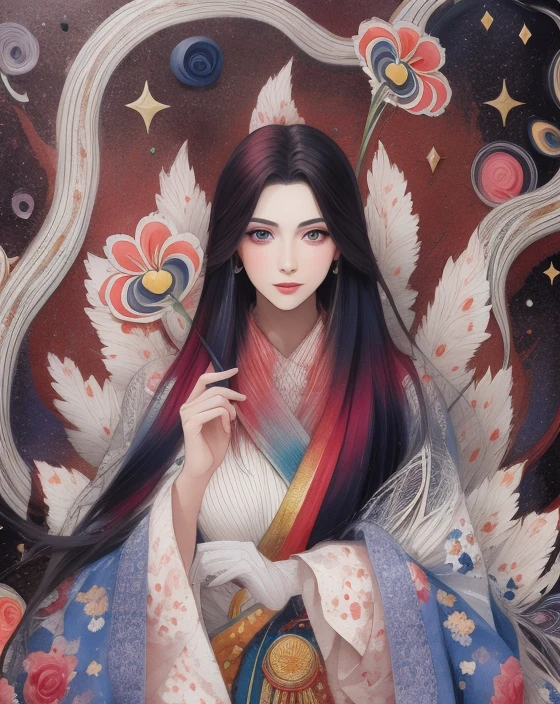 (best quality, highres, realistic:1.37), detailed portrait, girl in a garden, beautiful detailed eyes, beautiful detailed lips, long eyelashes, fashionable clothing, confident and elegant posture, unique catwalk style, starry night pattern on the jacket, vibrant colors, rich textures, soft and glowing lighting, runway atmosphere