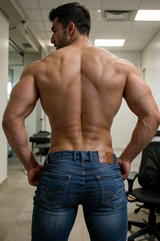 Super muscular mesomorph body type hunk very handsome muscular beefy arab man in office shirt, pectorales redondos y masivos abultados, enormes brazos, nalgon, full body session, jeans grises backside