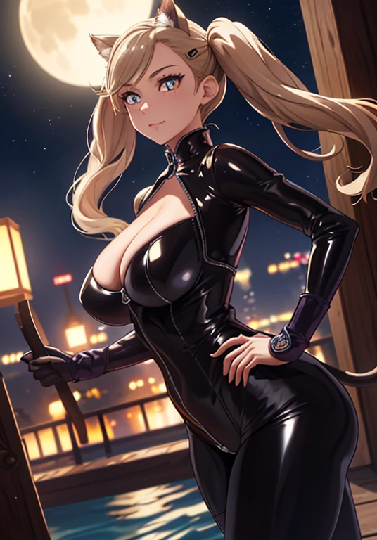 (masterpiece,best quality),((ultra detailed,extremely intricate,ultra high res,RAW,HDR,)),,inely detailed beautiful eyes, (photorealistic:1.2)city roof top, outside, night, 1girl, back to the viewer, viewed from behind, upper body,lens 135mm,f1.8, takamaki anne, natural breasts, huge breasts, huge ass, huge thighs, narrow waist, wide hips, thick thighs, curvy, (black clothes black skintight latex swimsuit with unzipped zippers ), cat ears, cat tail, blonde hair, twin tails, dreamlike, dreamy, floaty, modelshoot style, sexy slutty quality, Detailed skin texture, detailed cloth texture, stunning gradient colors,ray tracing, side lighting, Rim lighting,best shadow, perfect female body,perfect breasts,perfect hips,perfect anatomy,smooth midriff,skiny and thin, lustrous skin, glossy skin,slim legs,shiny skin,