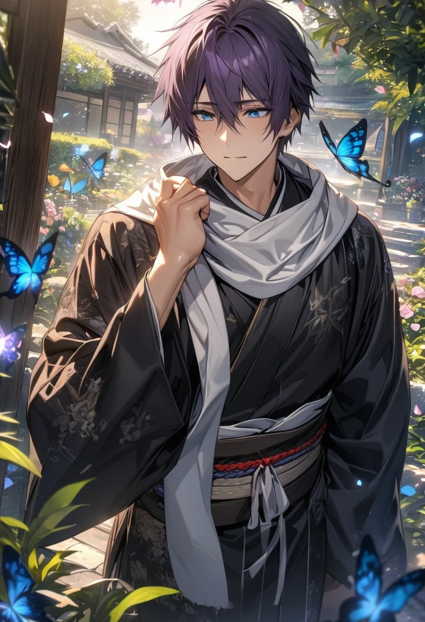 absurdres, highres, ultra detailed, HDR), master piece, best quality, Hajime Saito, dark purple hair, expressive blue eyes, Hakuoki, 1man, handsome, black kimono, white scarf, garden, petals, butterflies