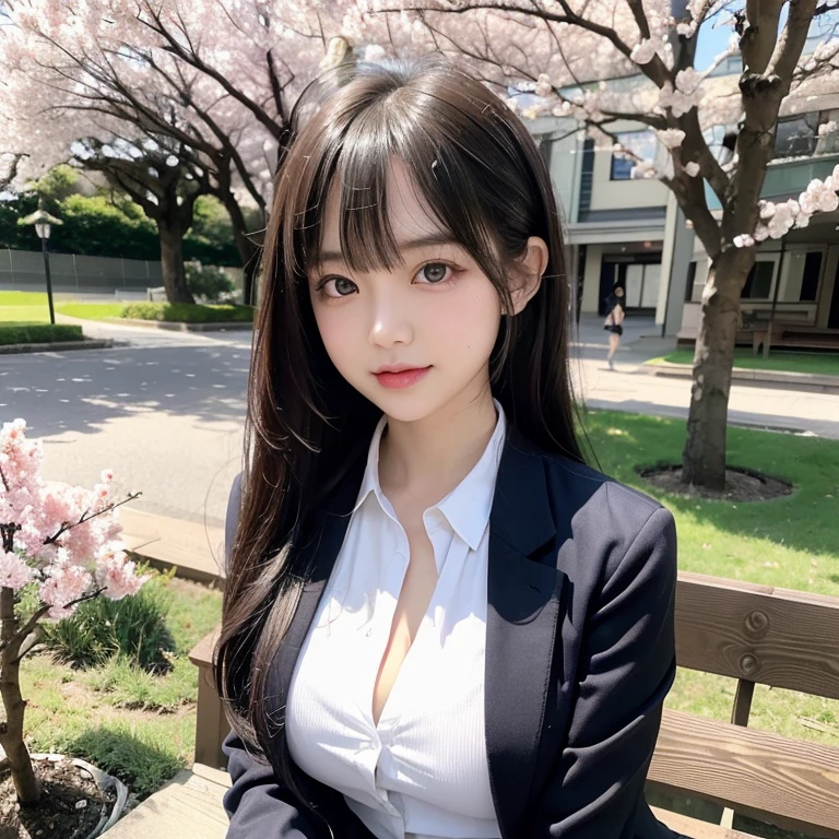 highest quality, High resolution, (realistic:1.2), 1 girl, Japanese beautiful girl, smile, big slit eyes, (big double eyelids:1.5), high definition eyes, plump cheeks, Dimples, light makeup, long black hair, bangs, slender, Are thin, small breasts, wave hands, , dark blue blazer, (Blazer button open:1.3), White blouse with collar, ribbon tie, white bra, Grey plaid pleated skirt, strong light, Cherry blossom trees, bench, Japanese high school, spring,