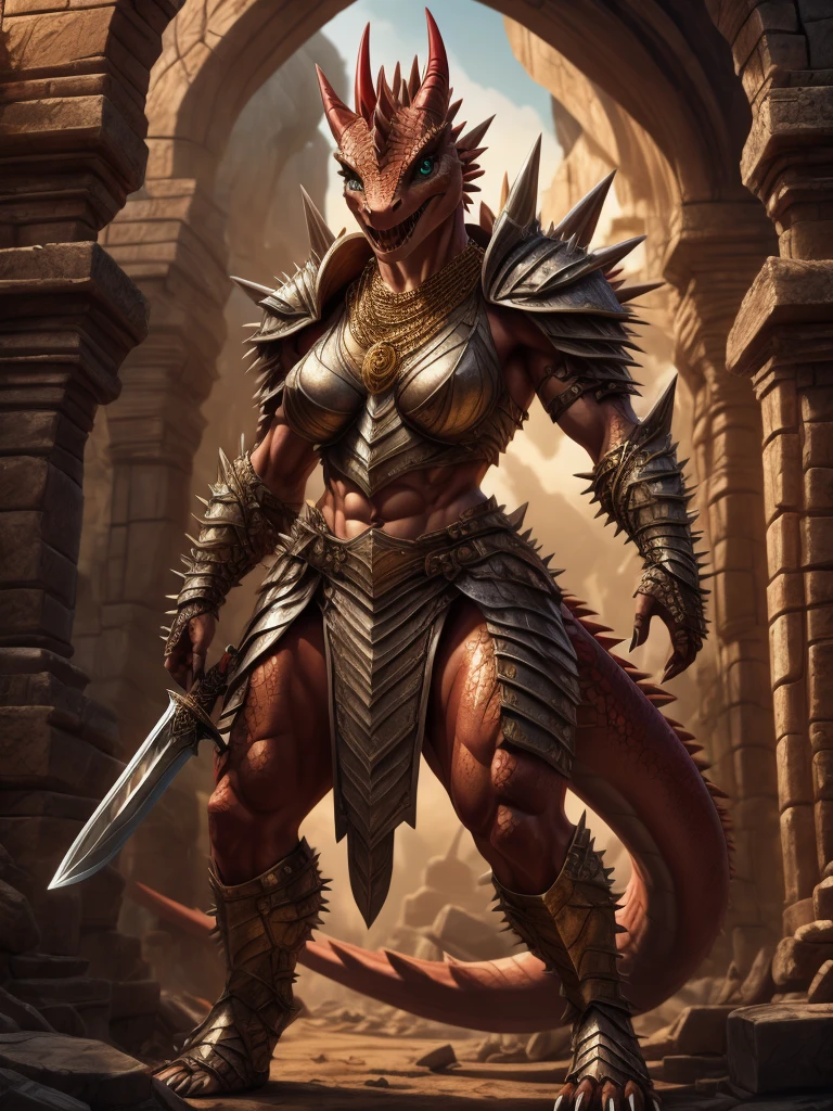 Masterpiece, best quality, 8k, cinematic lighting, hyper-realistic, Portrait, woman transformed into female lizard, red horn, scale skin, muscular female, detailed eyes, big eyes, Detailed mouth, bright smile, sharp nails, small breasts1.5, (spiky armor, Shoulder armor, gold), necklace, Big butt, brandish a great sword, shield, (lizard tail, tail upright), standing on the ruins, rainforest